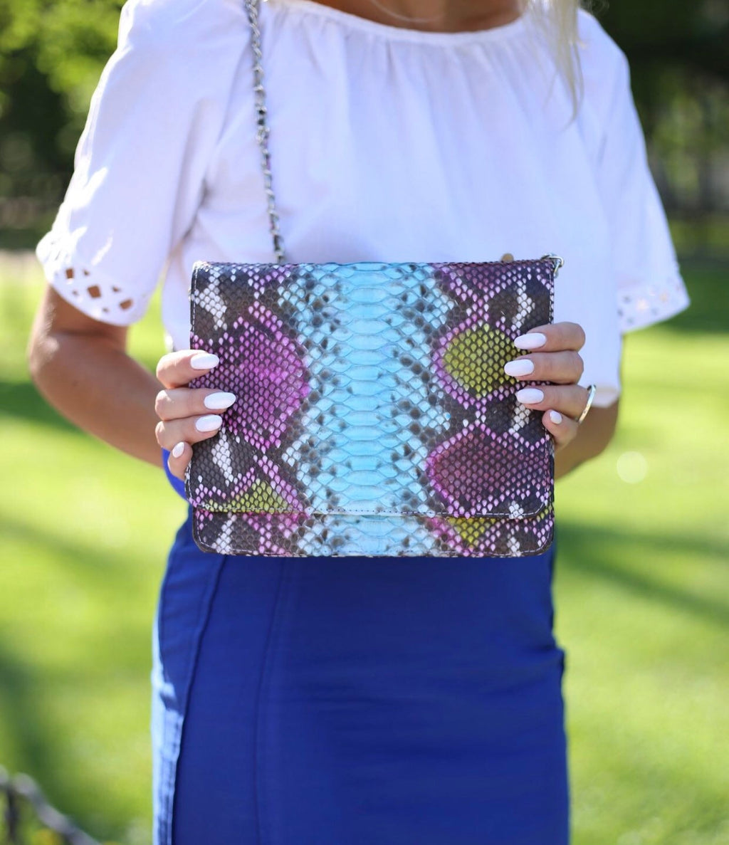 Genuine Python Skin Multicolor Flat Crossbody Bag