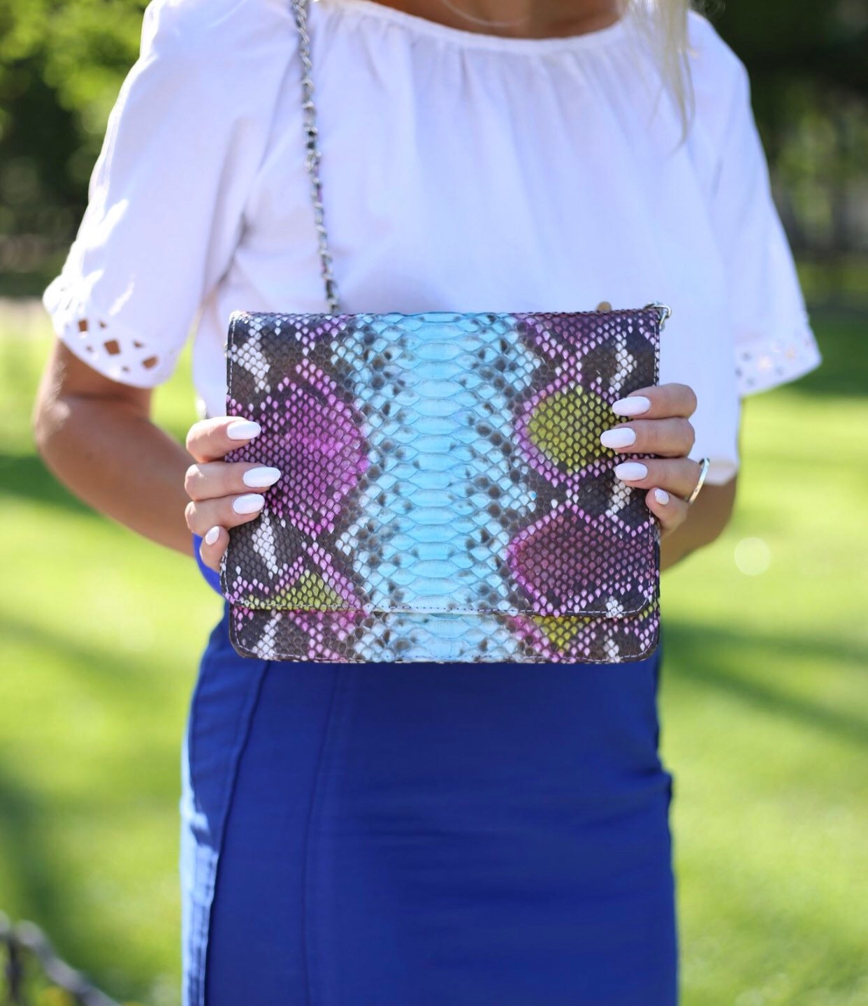 Genuine Python Skin Multicolor Flat Crossbody Bag