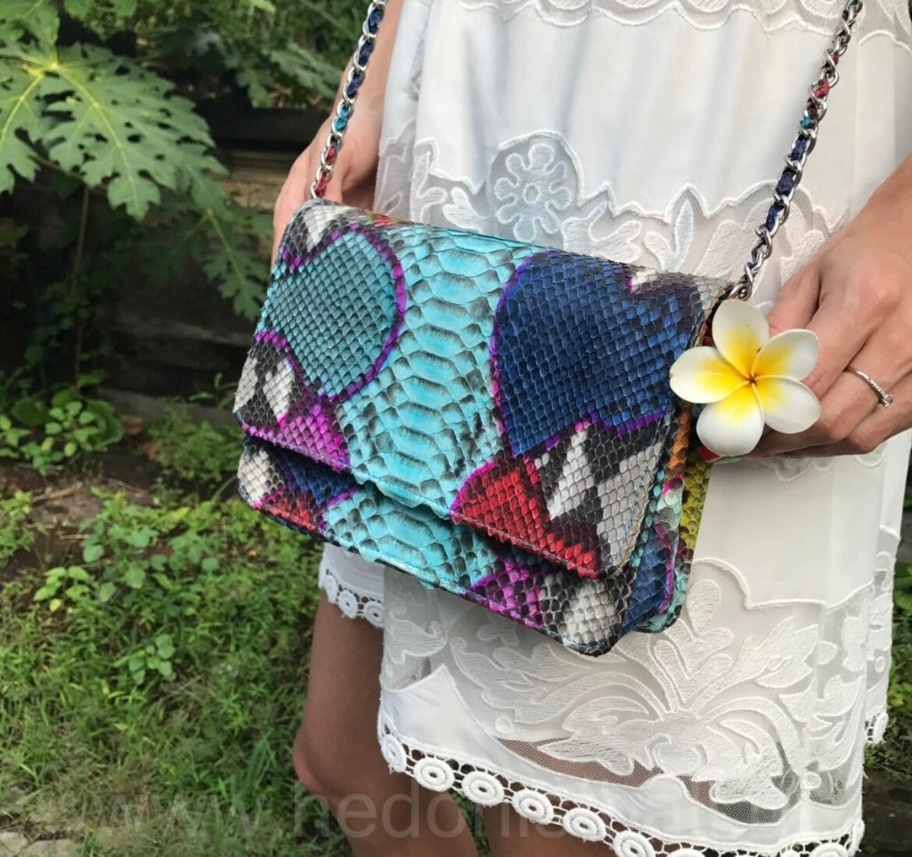 Genuine Python Skin Multicolor Flat Crossbody Bag