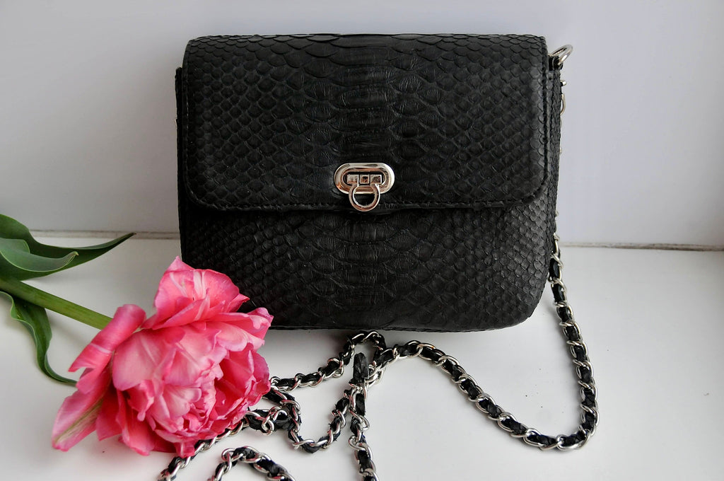 Genuine Python Skin Chain Crossbody Bag GINO — Black