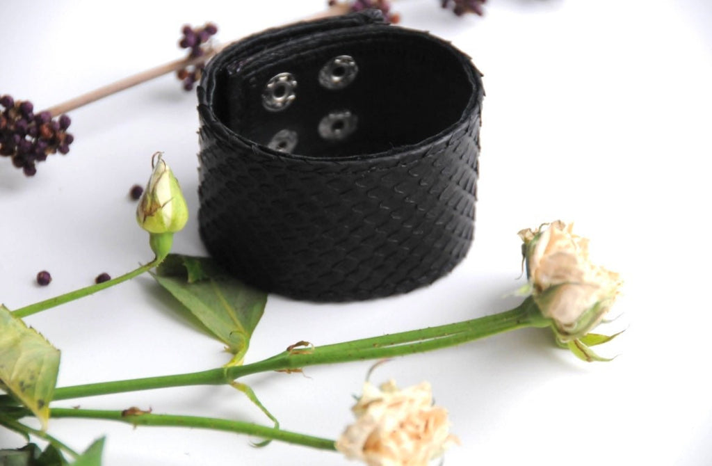 Black Python Skin Bracelet | Grunge Woman Bracelet | Exotic Leather Bracelet | Wide Leather Bracelet | Women Jewerly | Snake Skin Bracelet