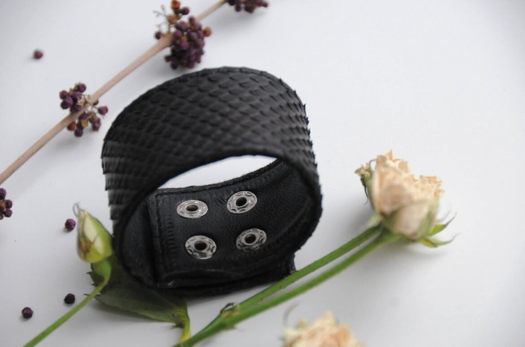 READY TO SHIP Black genuine Python Skin Bracelet| Grunge  Bracelet | Exotic Wide wide Leather Bracelet | Women Jewerly | Snake Skin Bracelet