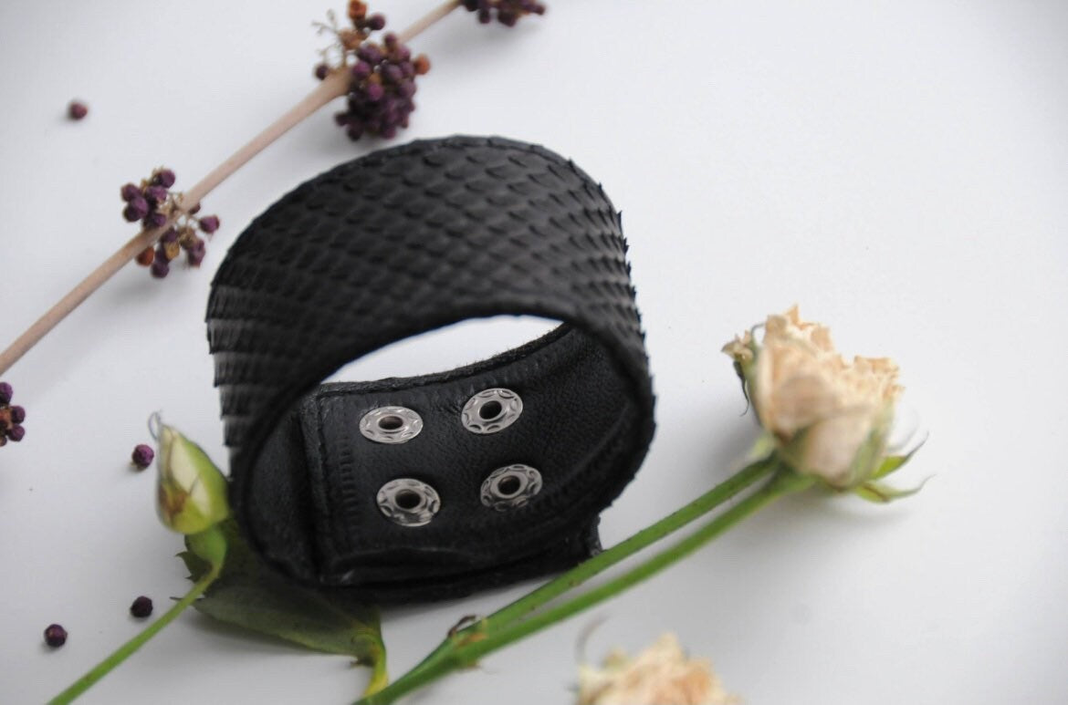 READY TO SHIP Black genuine Python Skin Bracelet| Grunge  Bracelet | Exotic Wide wide Leather Bracelet | Women Jewerly | Snake Skin Bracelet