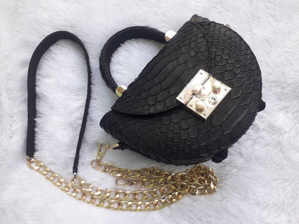 Genuine Python Skin Crosshandle Elegant Black Bag