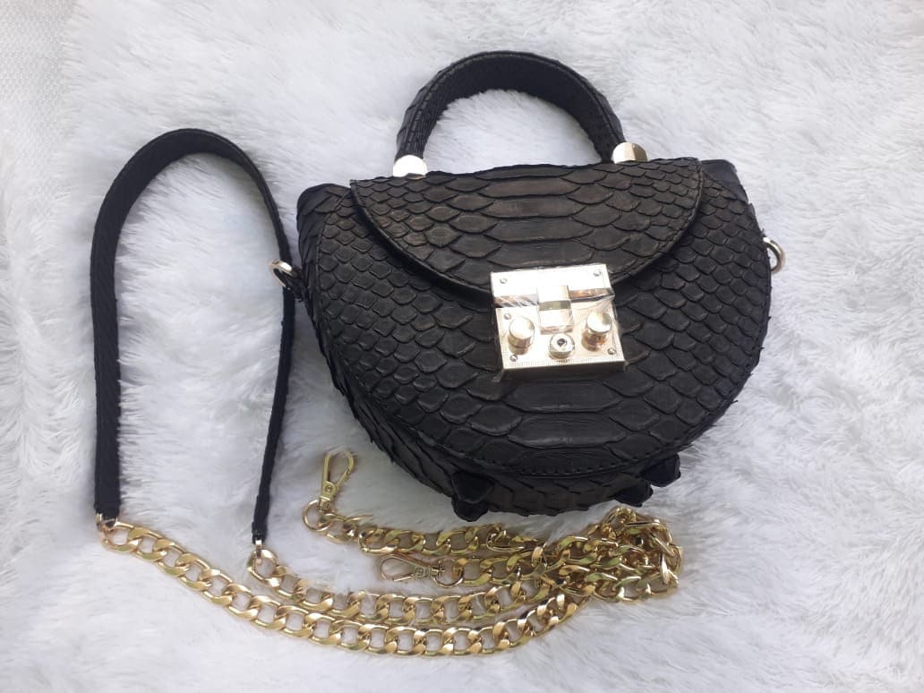 Genuine Python Skin Crosshandle Elegant Black Bag