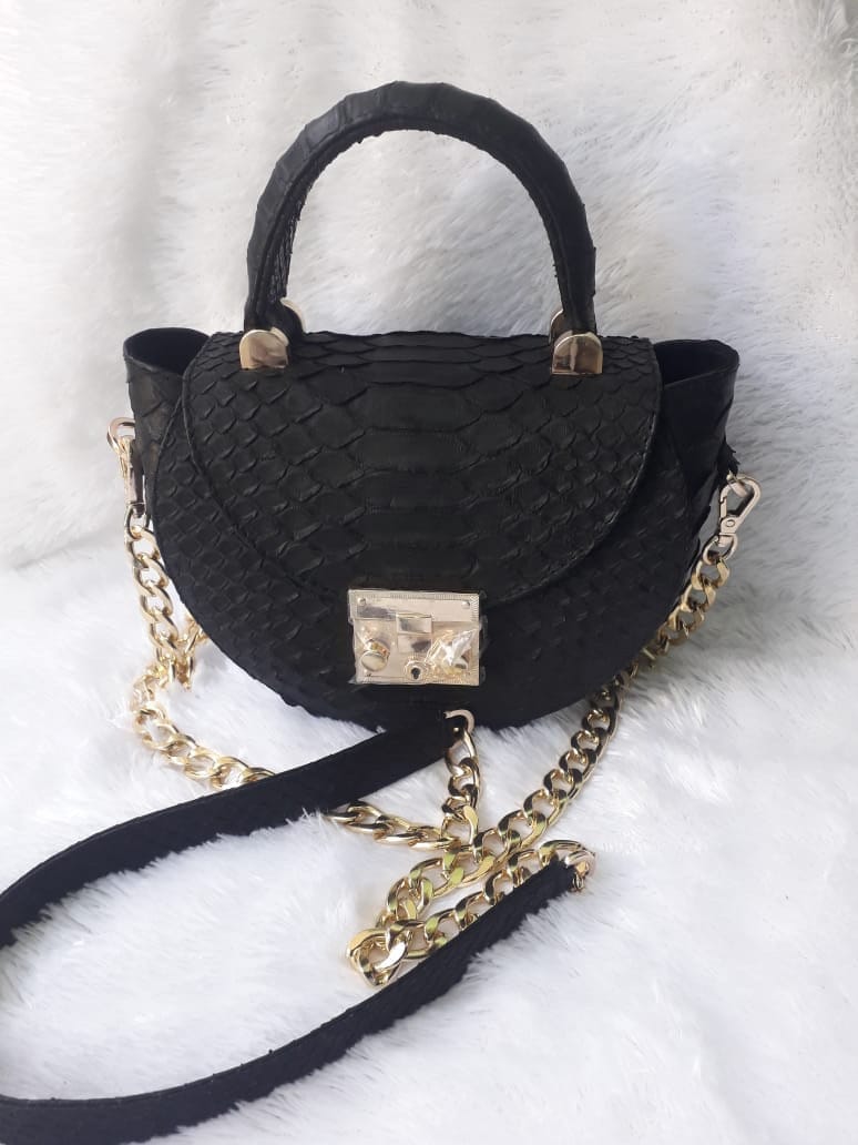Genuine Python Skin Crosshandle Elegant Black Bag