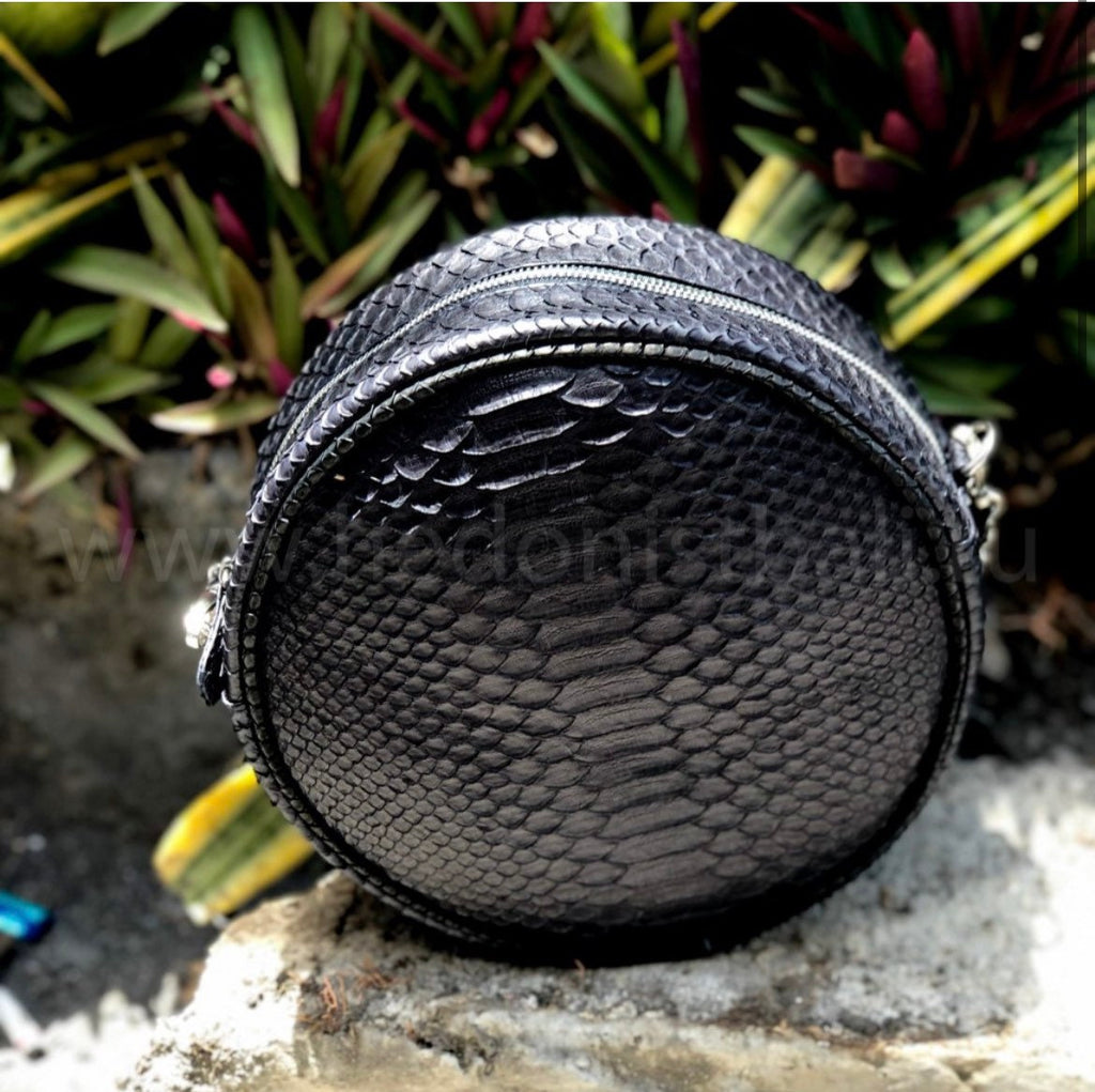 Genuine Python Skin Round Chain Bag — Black