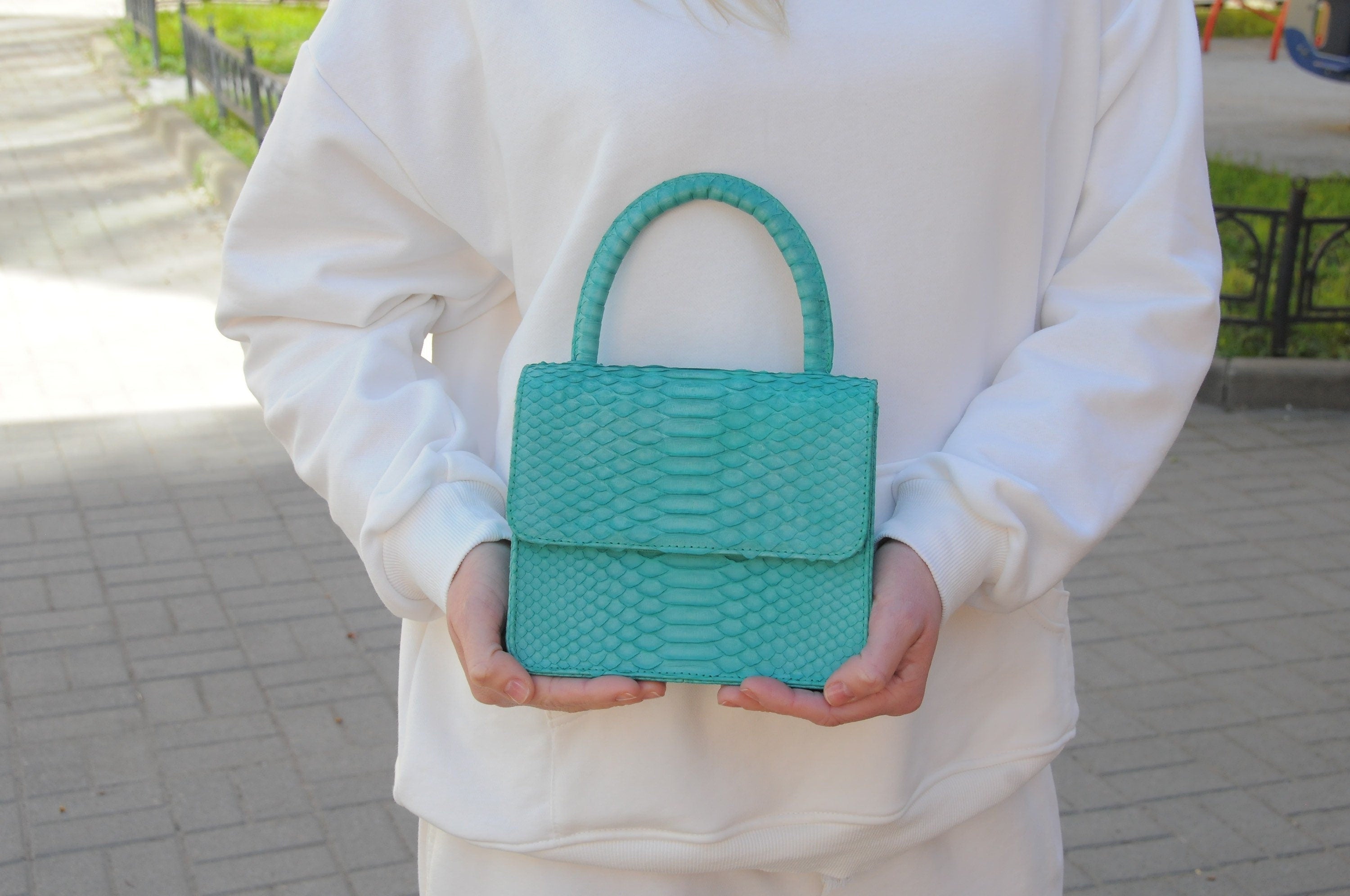 Genuine Python Skin Top Handle Mini Bag — Turquoise