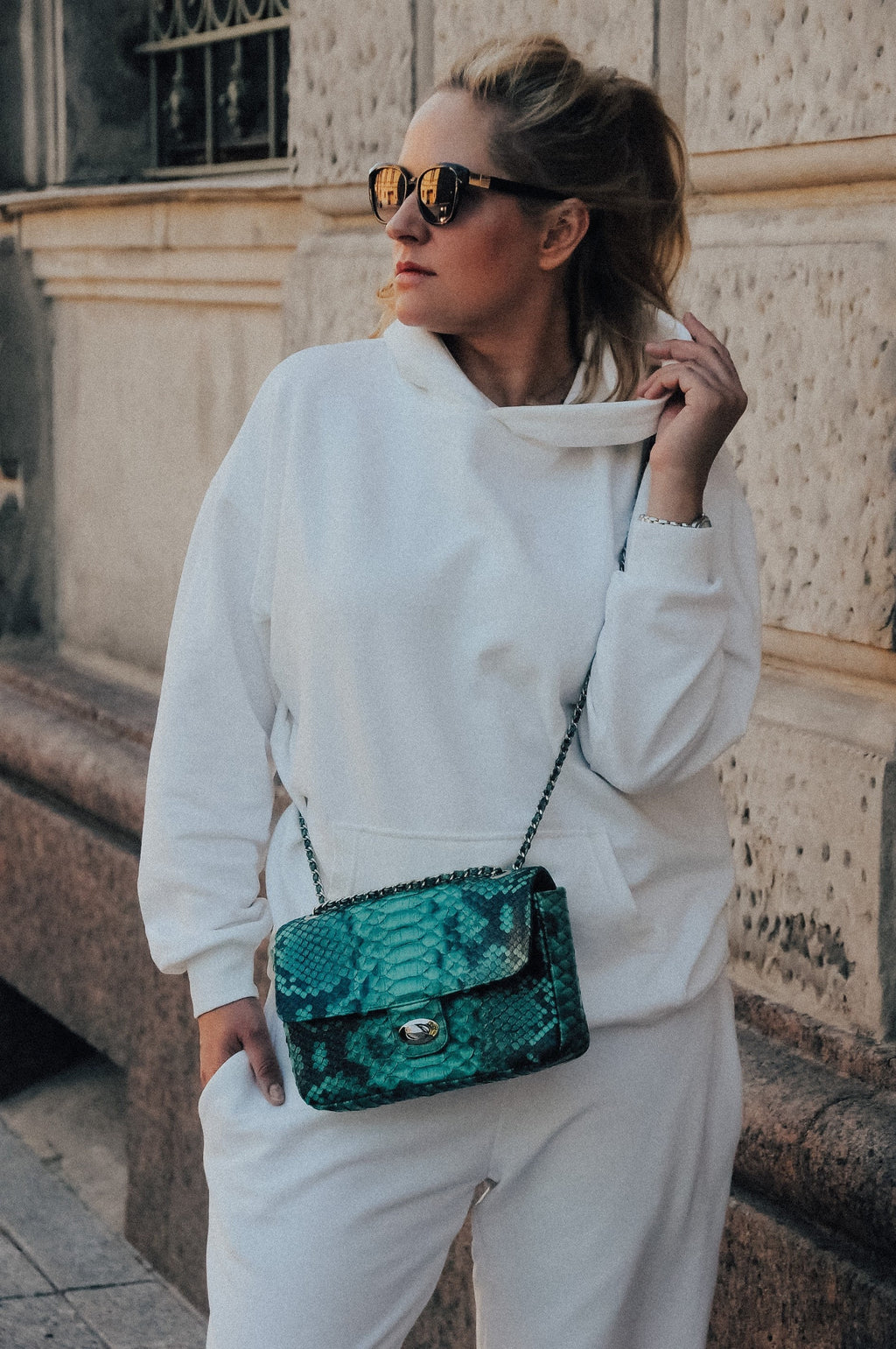 Genuine Python Skin Green Color Shiny Chain Bag — Red