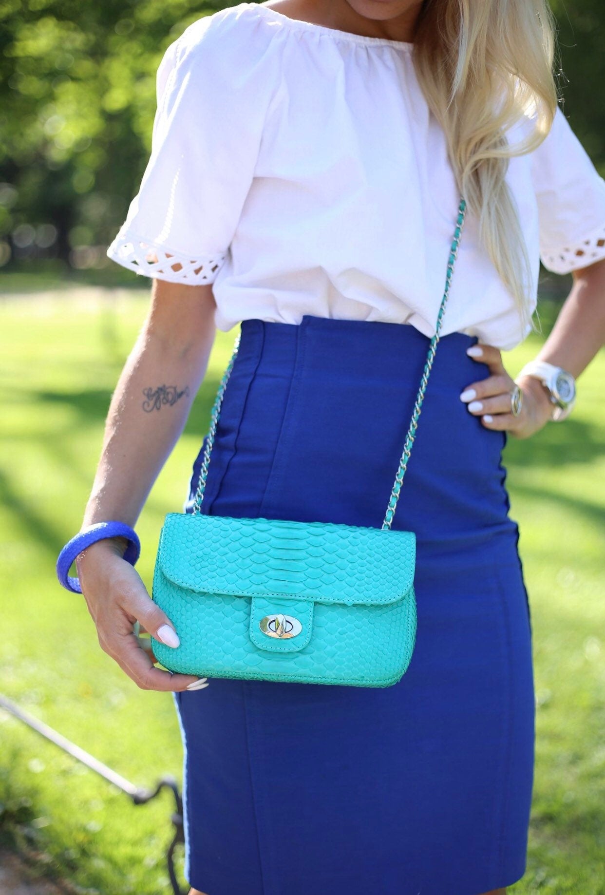 Genuine Python Skin MIDI Bag — Tiffany Turquoise