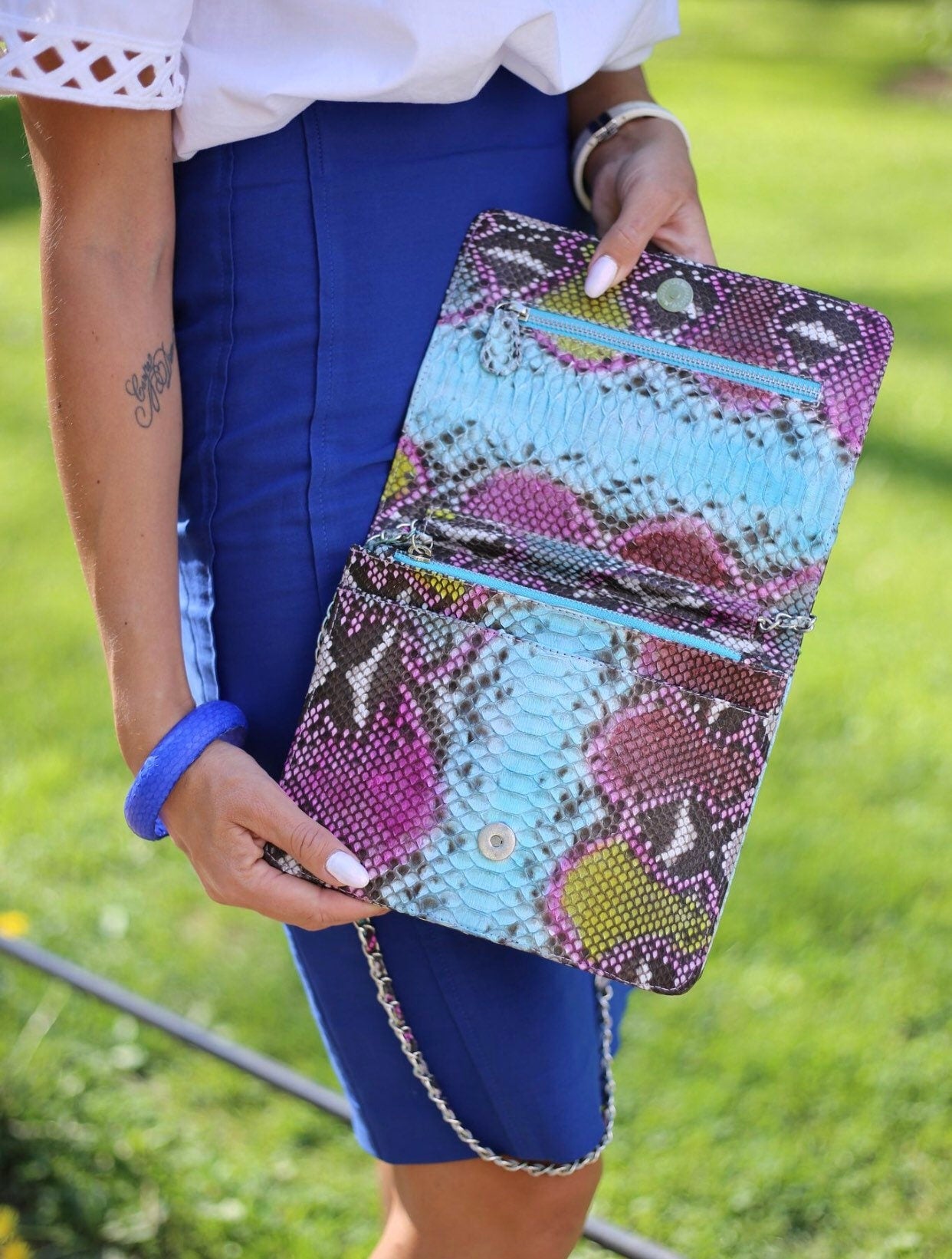 Genuine Python Skin Multicolor Flat Crossbody Bag