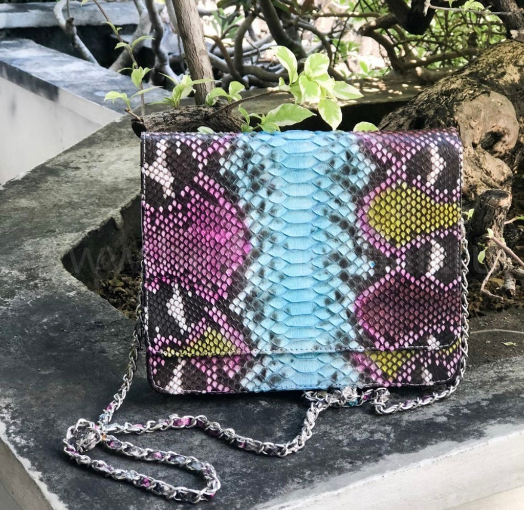 Genuine Python Skin Multicolor Flat Crossbody Bag