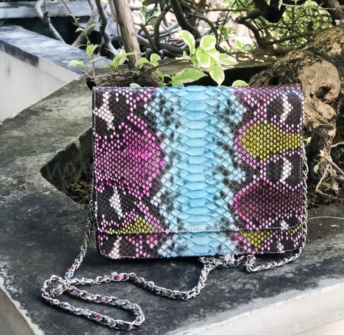 Genuine Python Skin Multicolor Flat Crossbody Bag