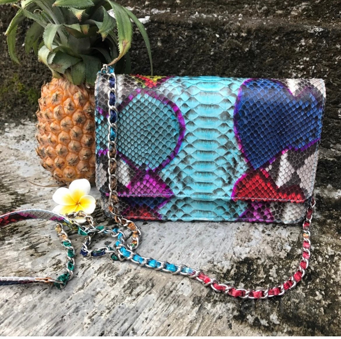 Genuine Python Skin Multicolor Flat Crossbody Bag