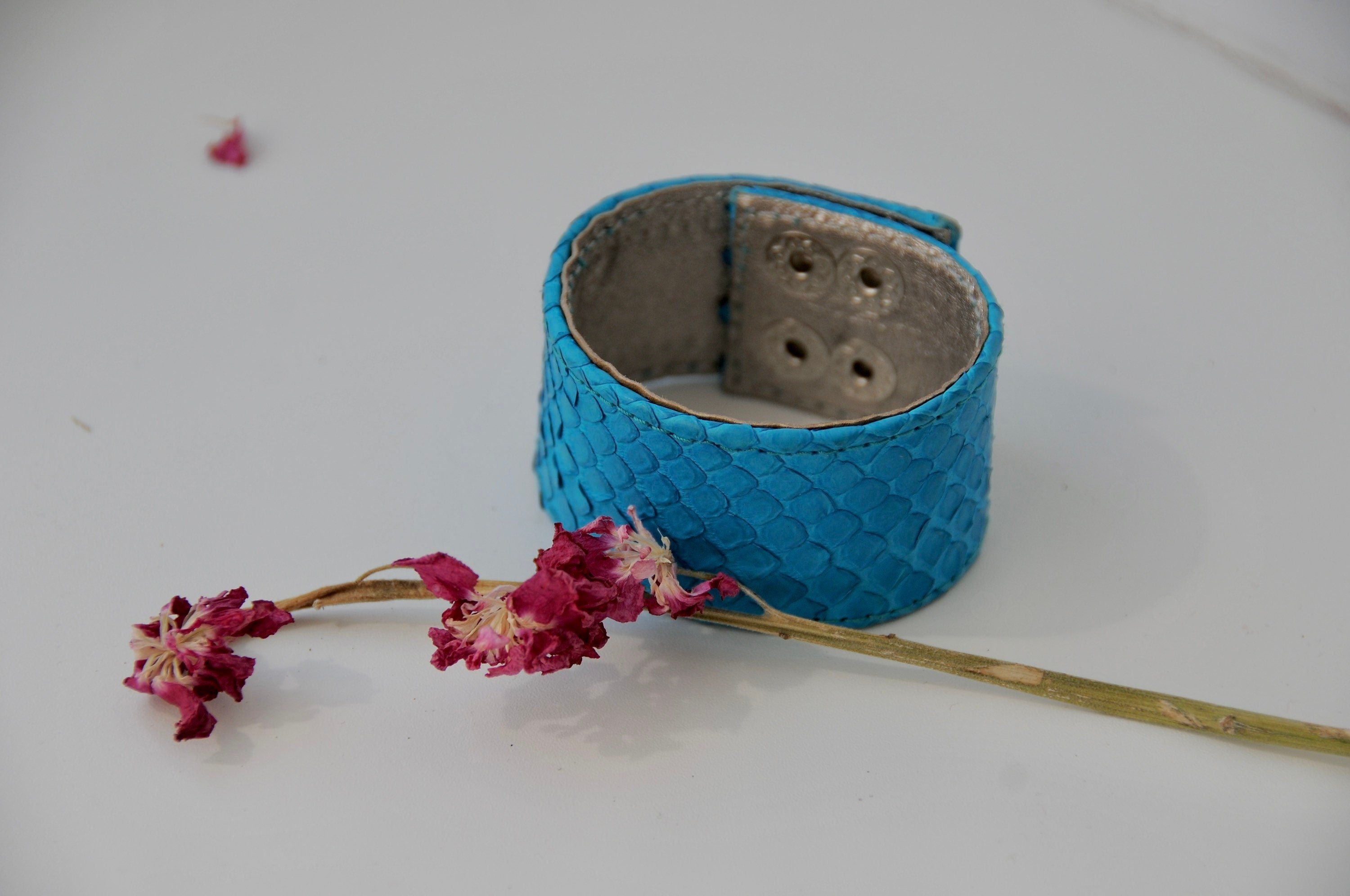 Genuine Python Skin Bracelet Flat Blue Turquise Leather Bracelet | Handmade Leather Bracelet | Leather Bracelet Woman | Leather Bracelet