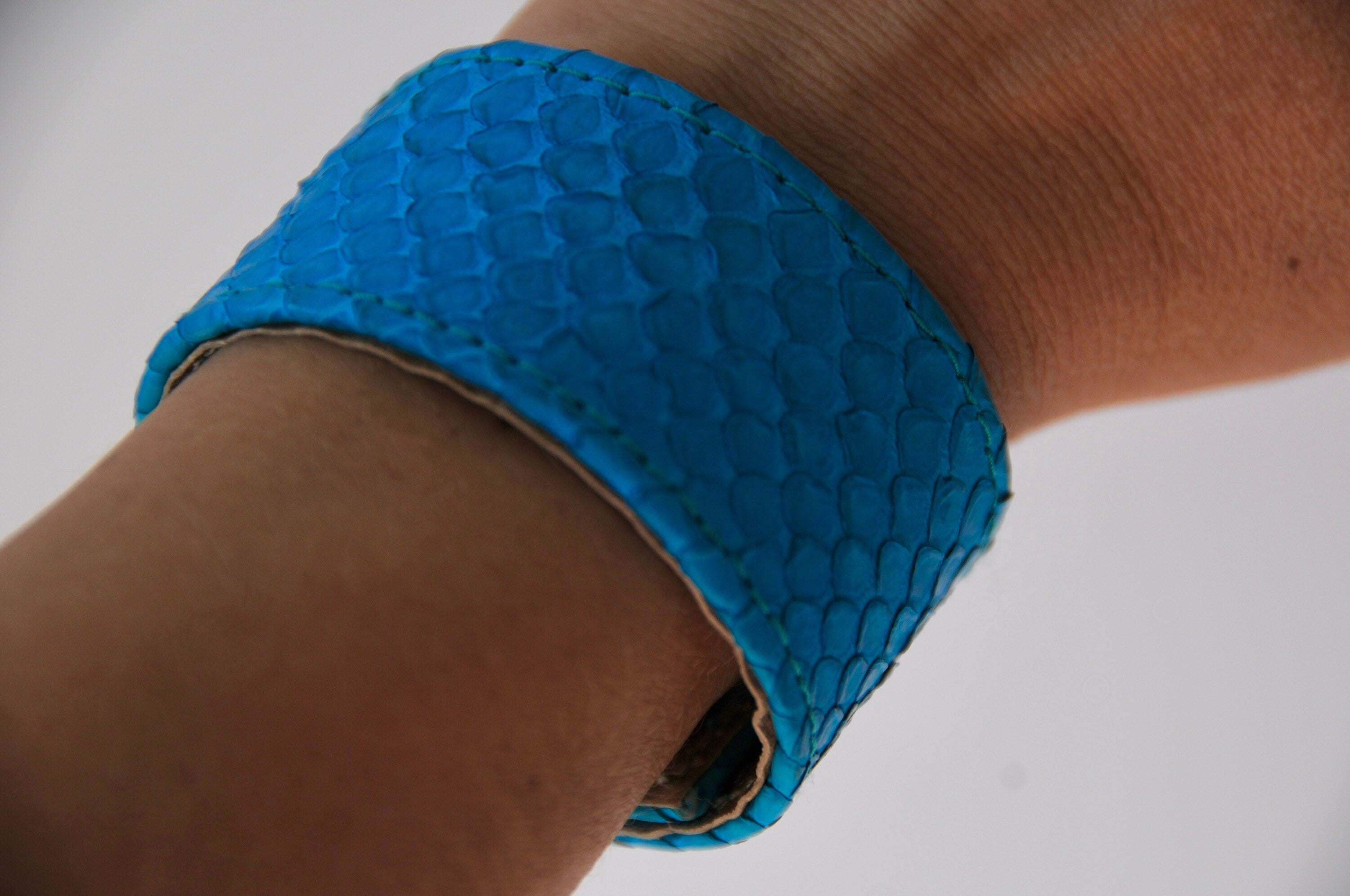 Genuine Python Skin Bracelet Flat Blue Turquise Leather Bracelet