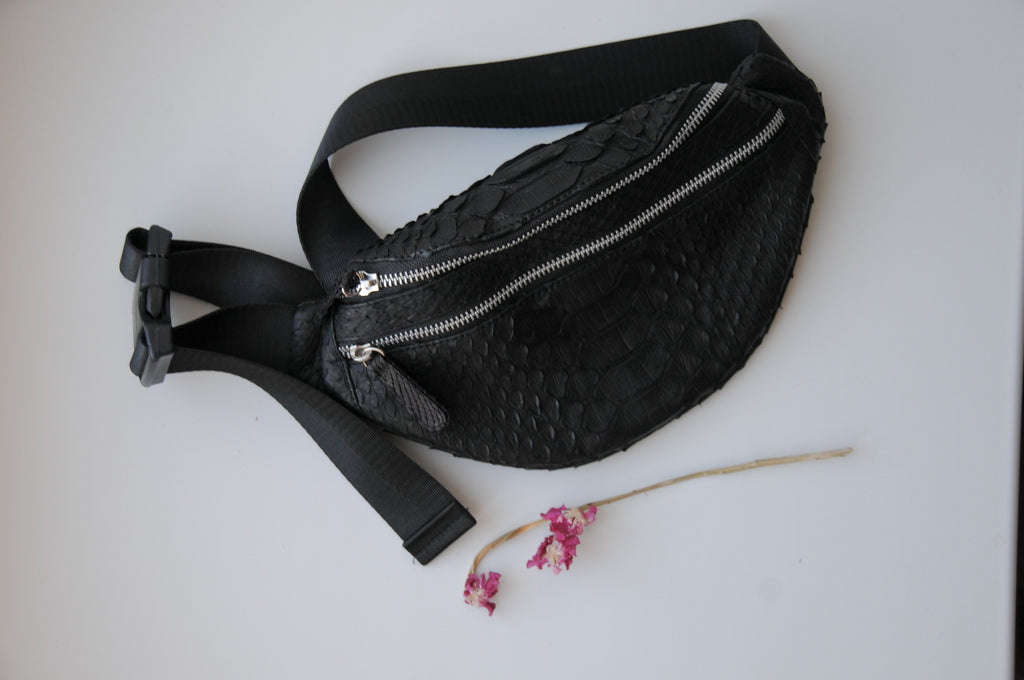 Genuine Python Skin Fanny Pack — Black