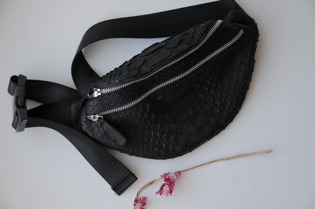 Genuine Python Skin Fanny Pack — Black