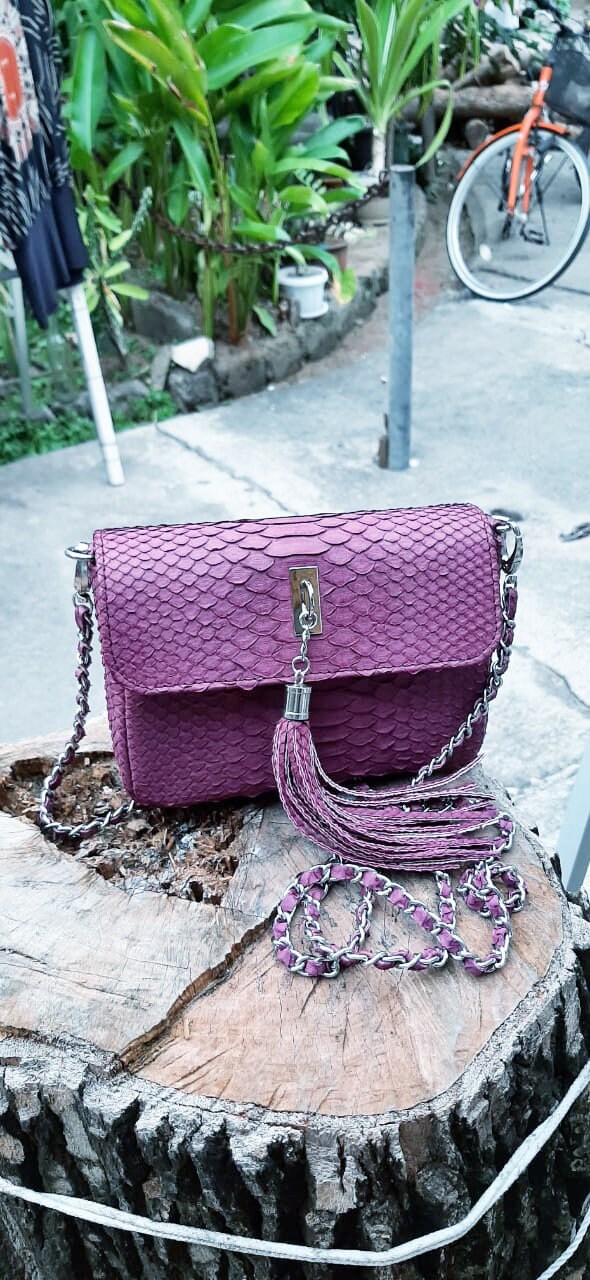 Genuine Python Skin Tassel Crossbody Bag — Violet