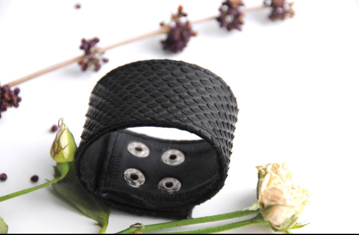Black Python Skin Bracelet | Grunge Woman Bracelet | Exotic Leather Bracelet | Wide Leather Bracelet | Women Jewerly | Snake Skin Bracelet