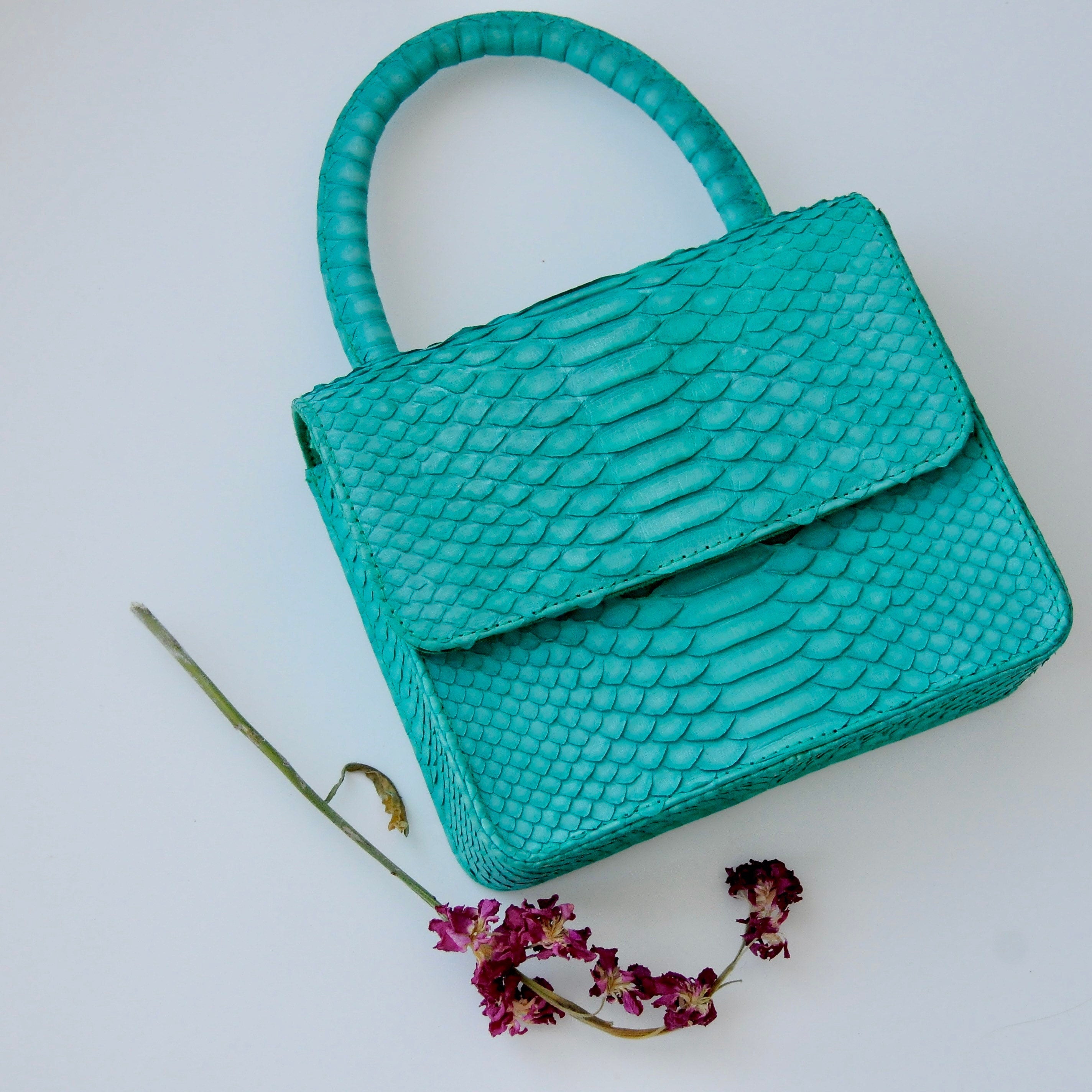 Genuine Python Skin Top Handle Mini Bag — Turquoise