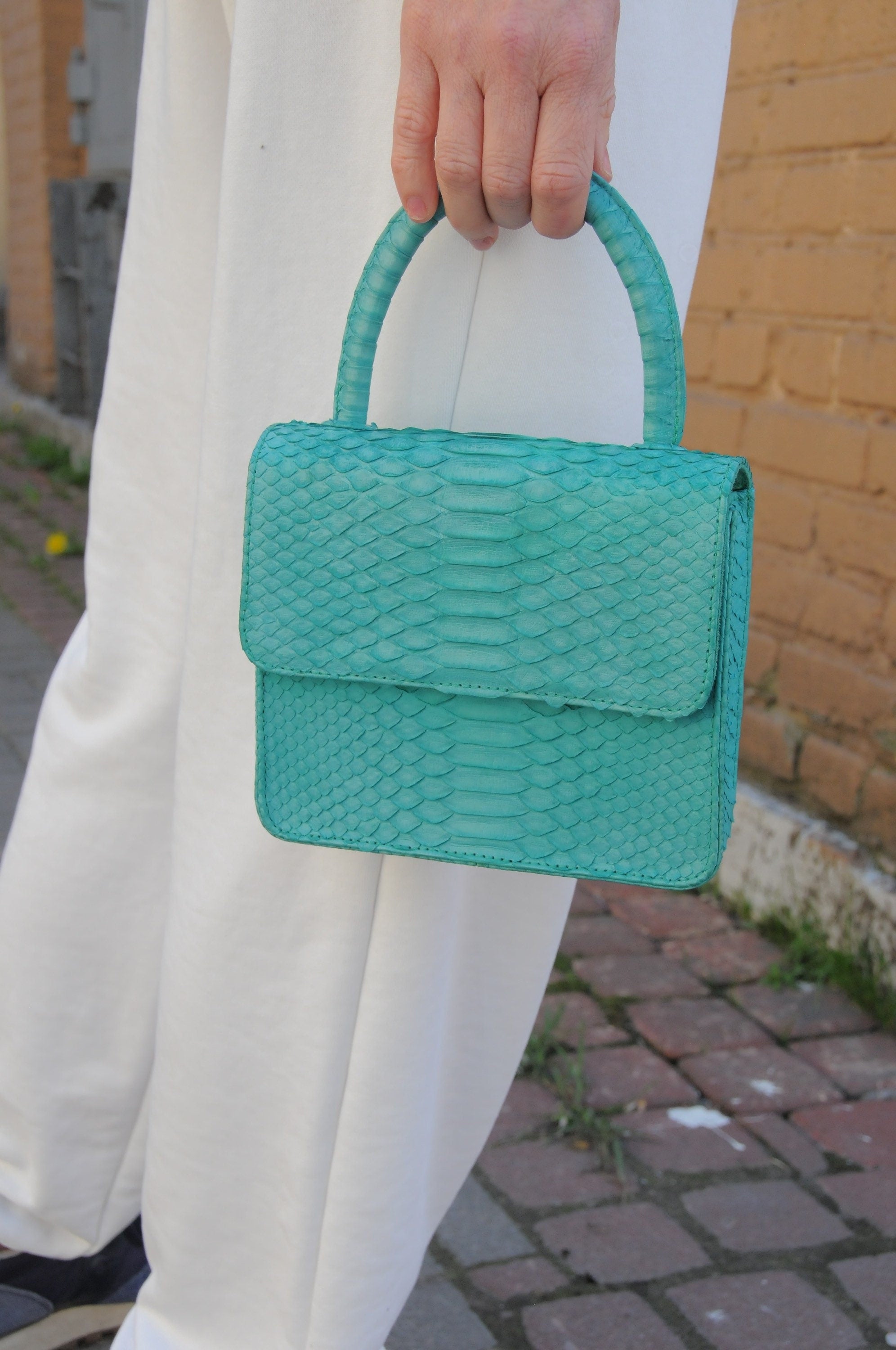 Genuine Python Skin Top Handle Mini Bag — Turquoise