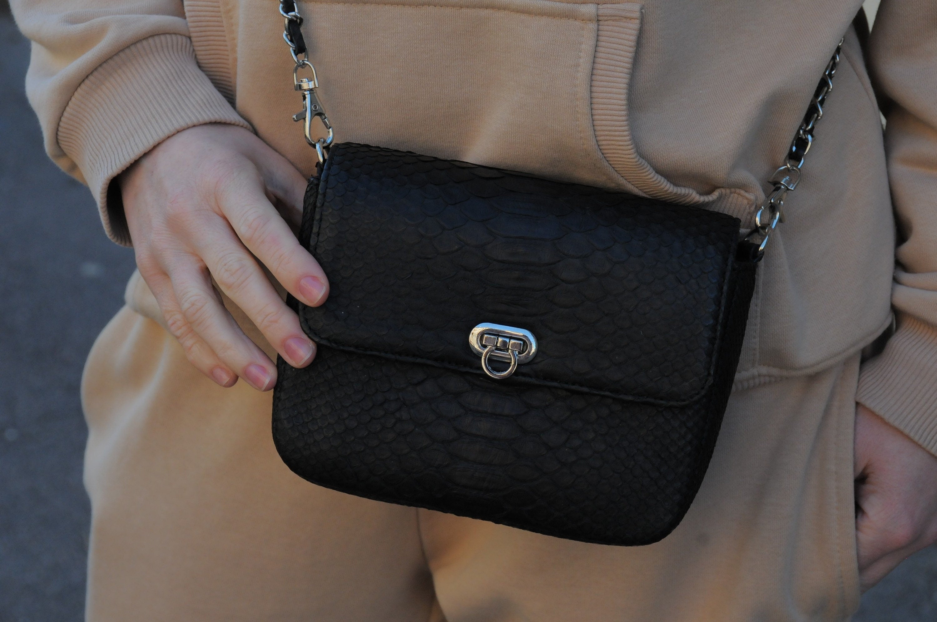 Genuine Python Skin Chain Crossbody Bag GINO — Black