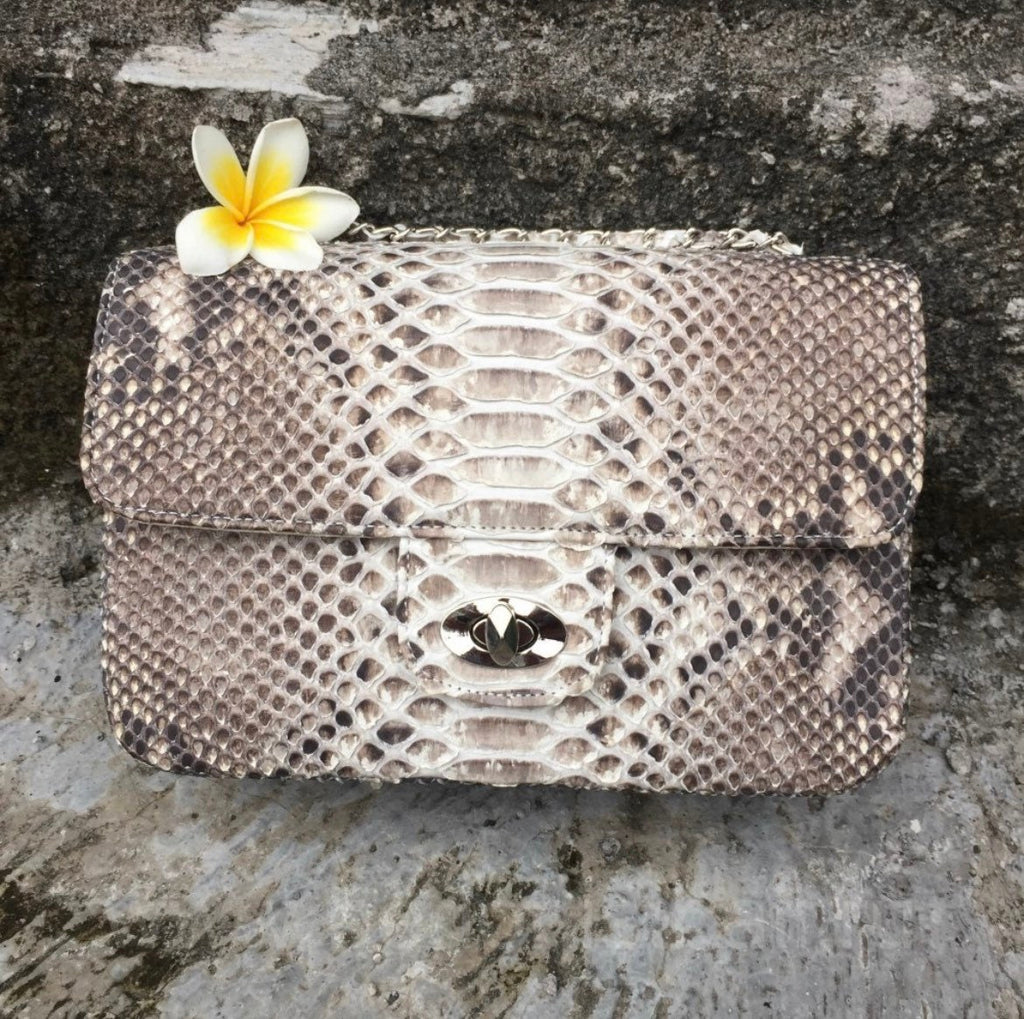 Genuine Python Skin Crossbody Natural Scale Gray Bag — Red