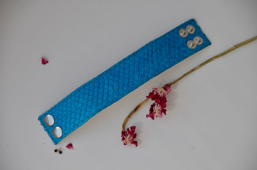 Genuine Python Skin Bracelet Flat Blue Turquise Leather Bracelet | Handmade Leather Bracelet | Leather Bracelet Woman | Leather Bracelet