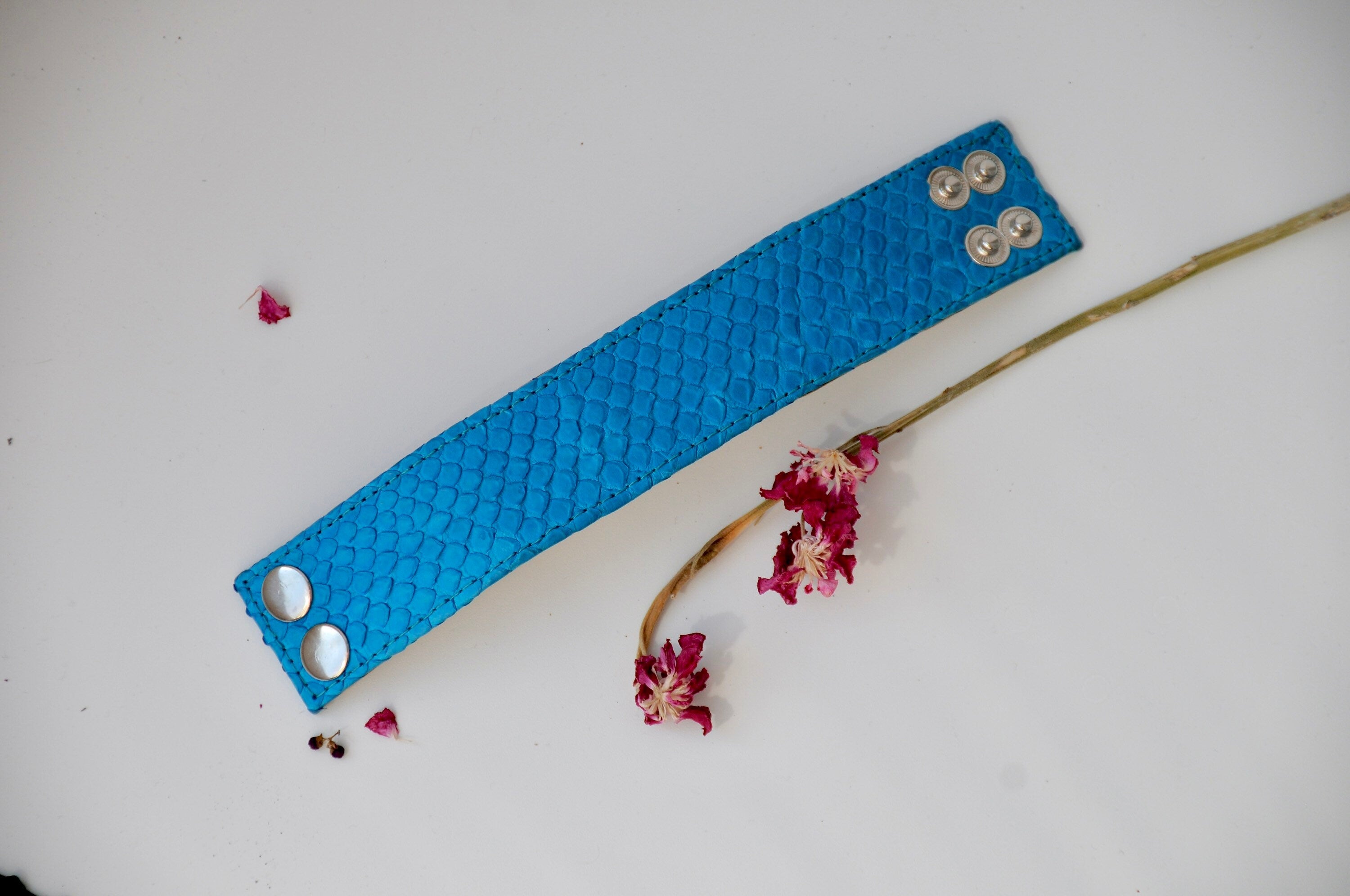 Genuine Python Skin Bracelet Flat Blue Turquise Leather Bracelet | Handmade Leather Bracelet | Leather Bracelet Woman | Leather Bracelet