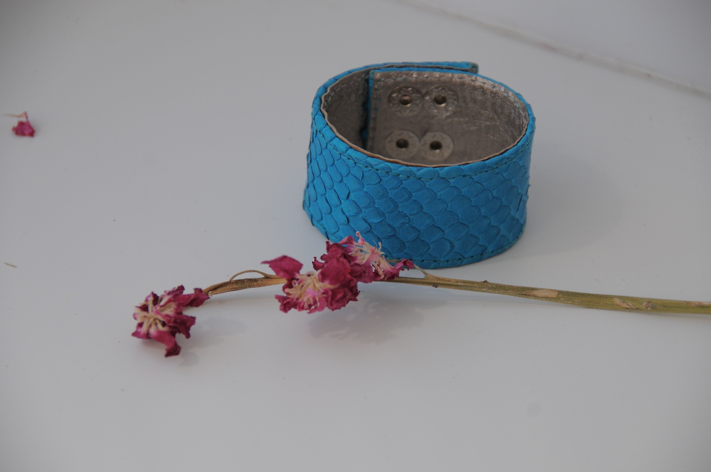 Genuine Python Skin Bracelet Flat Blue Turquise Leather Bracelet | Handmade Leather Bracelet | Leather Bracelet Woman | Leather Bracelet