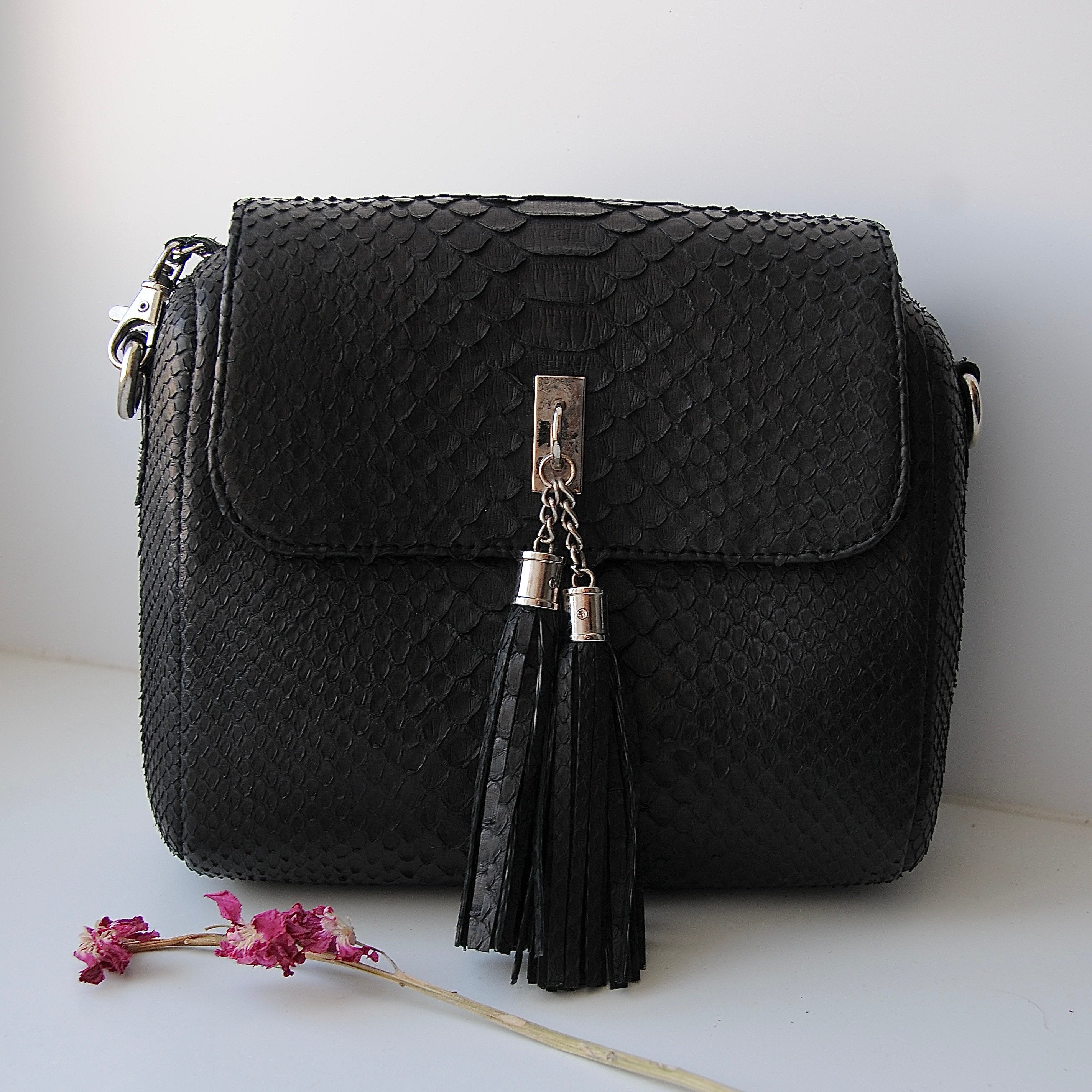 Genuine Python Skin Classy Crossbody Chain Bag Handmade — Black