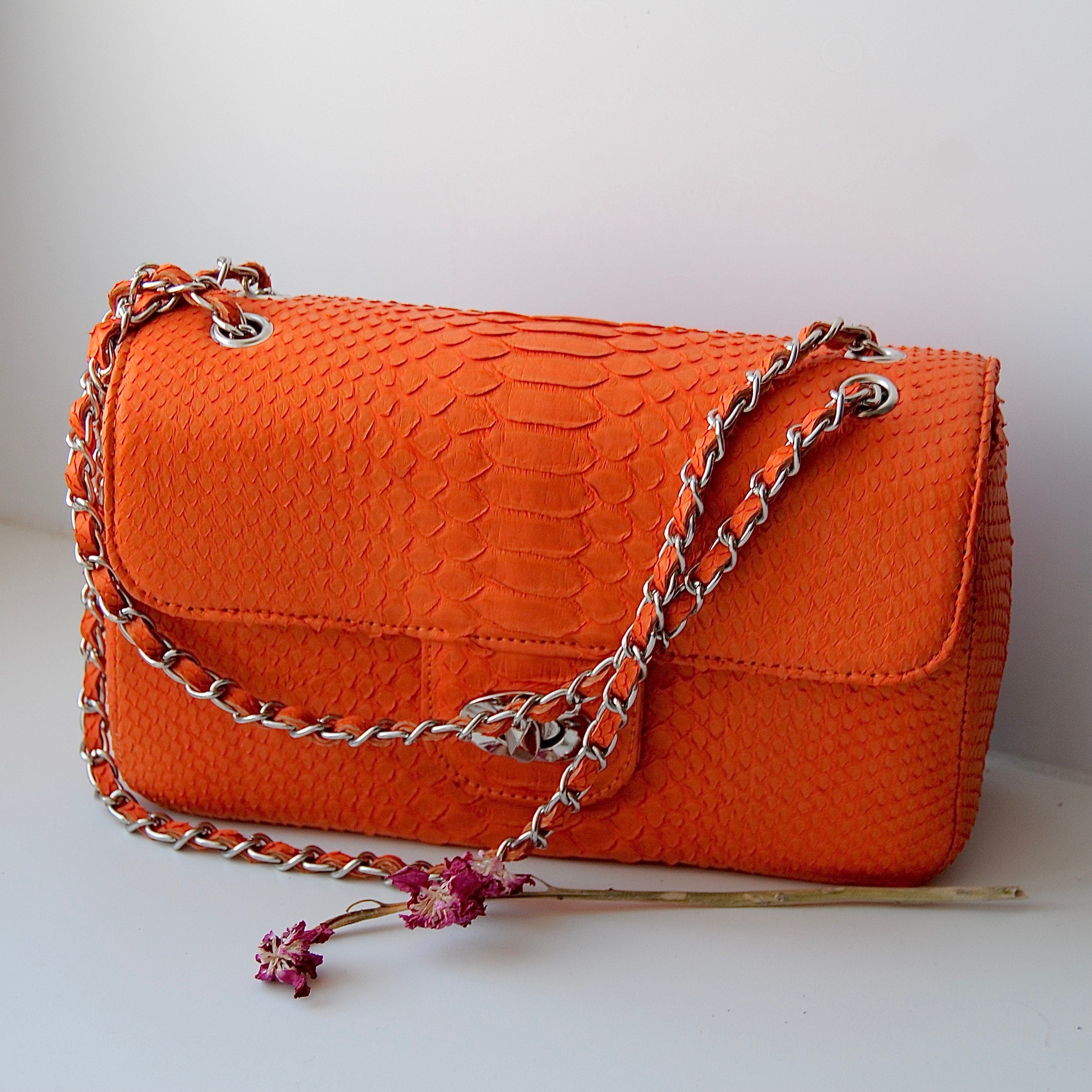 Orange Genuine Python Skin Bag — Red