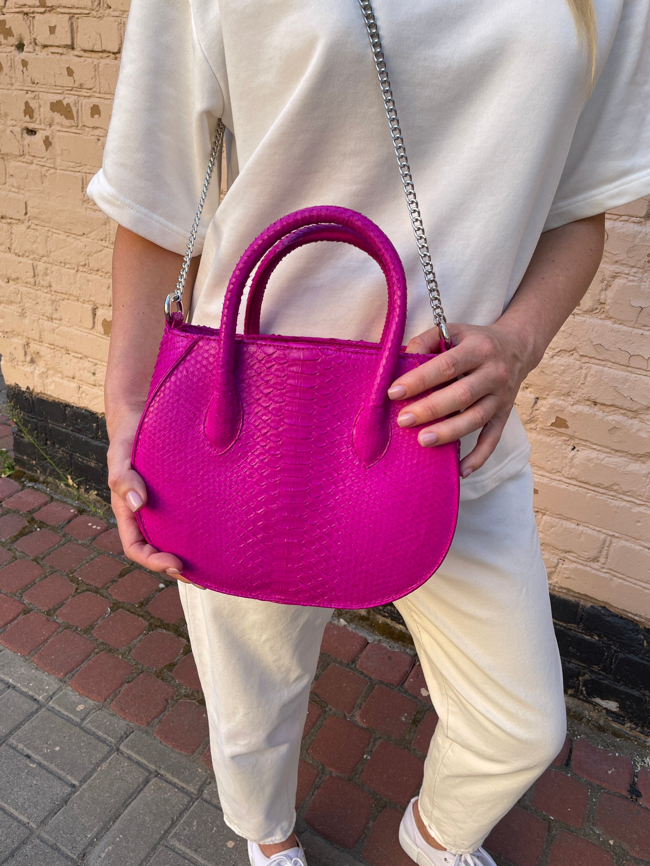 READY TO SHIP Genuine python skin top handle fuchsia bag