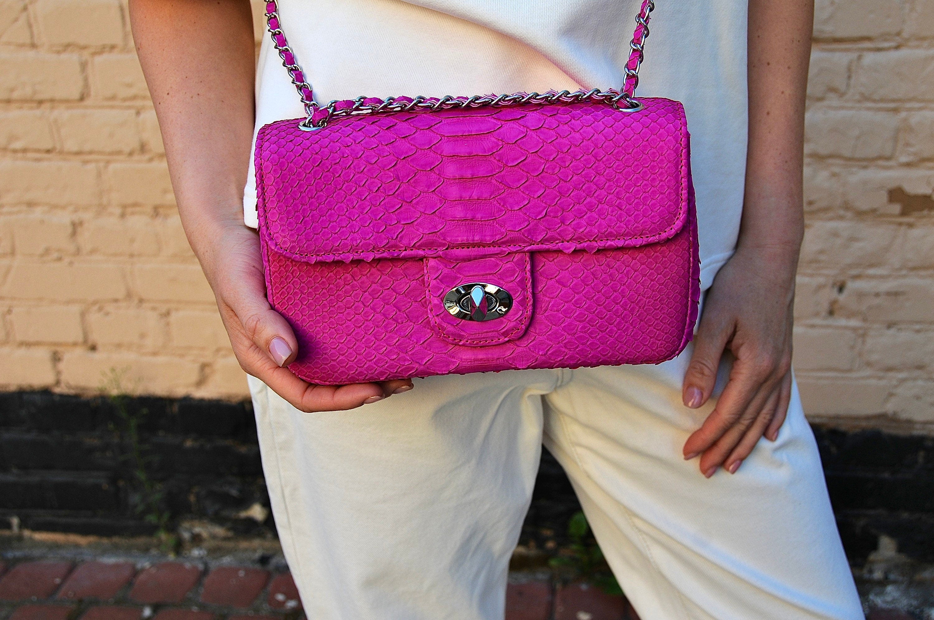 Genuine Python Skin Midi Crossbody Bag — Fuchsia