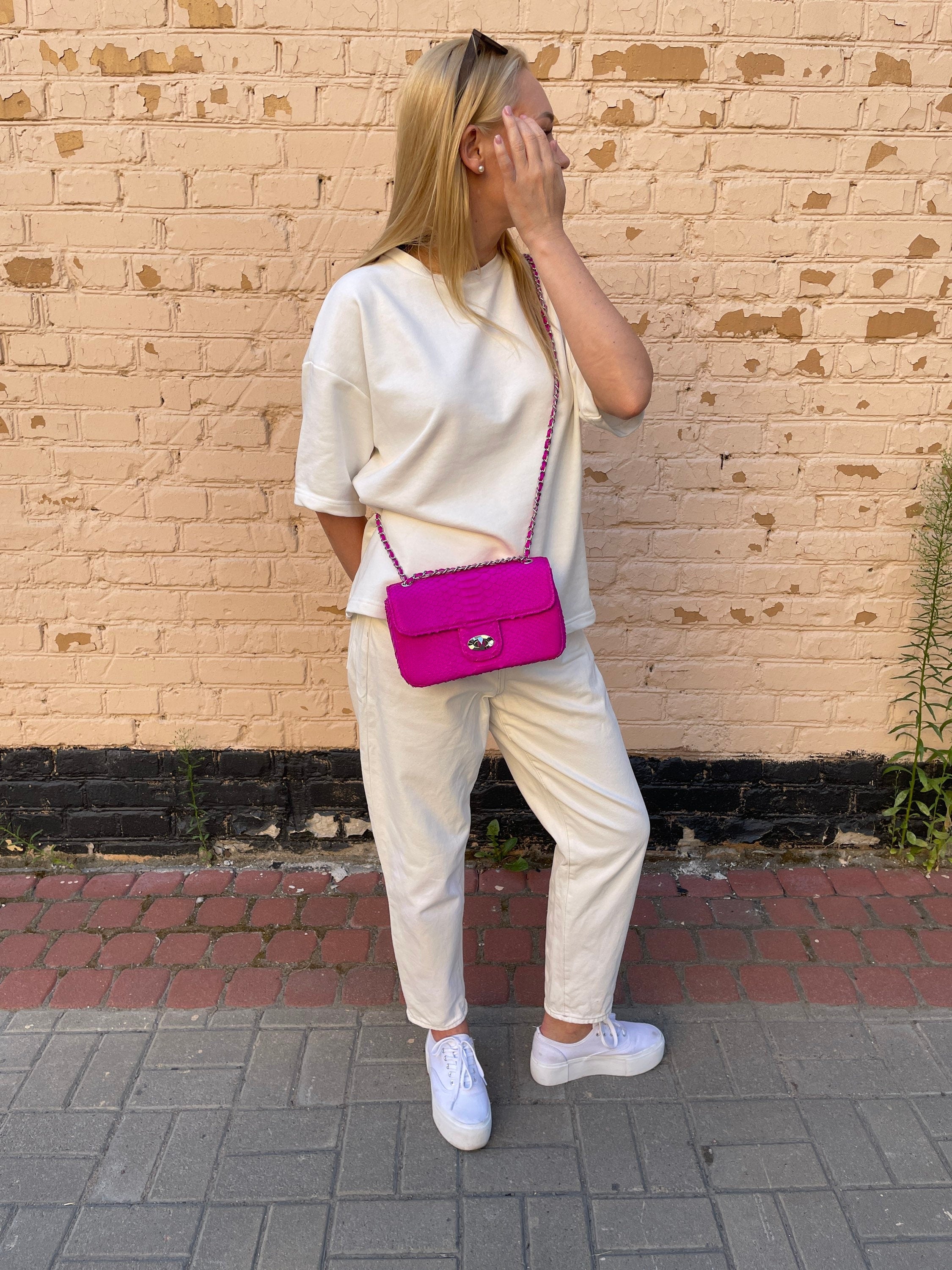 Genuine Python Skin Midi Crossbody Bag — Fuchsia