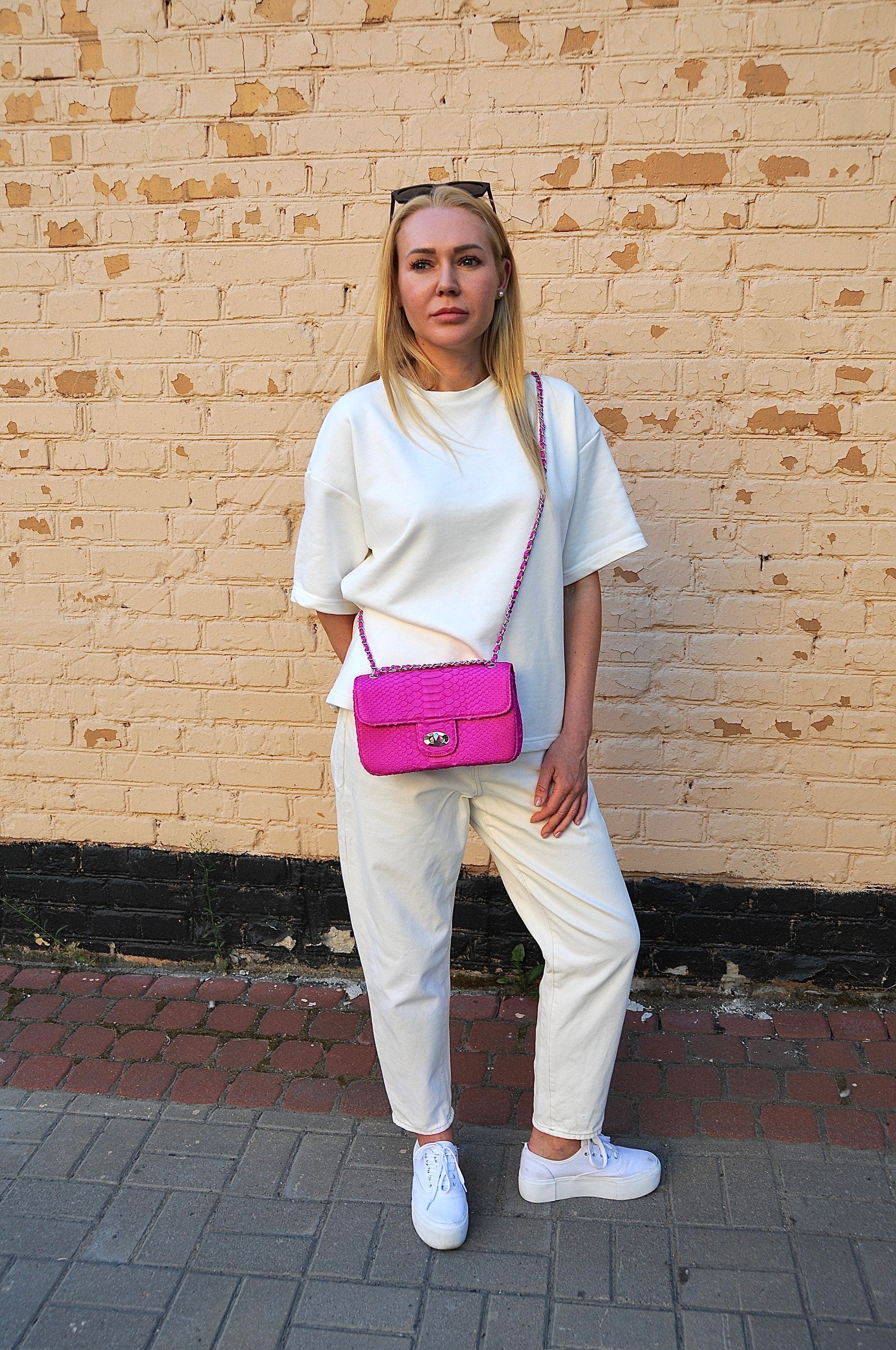Genuine Python Skin Midi Crossbody Bag — Fuchsia
