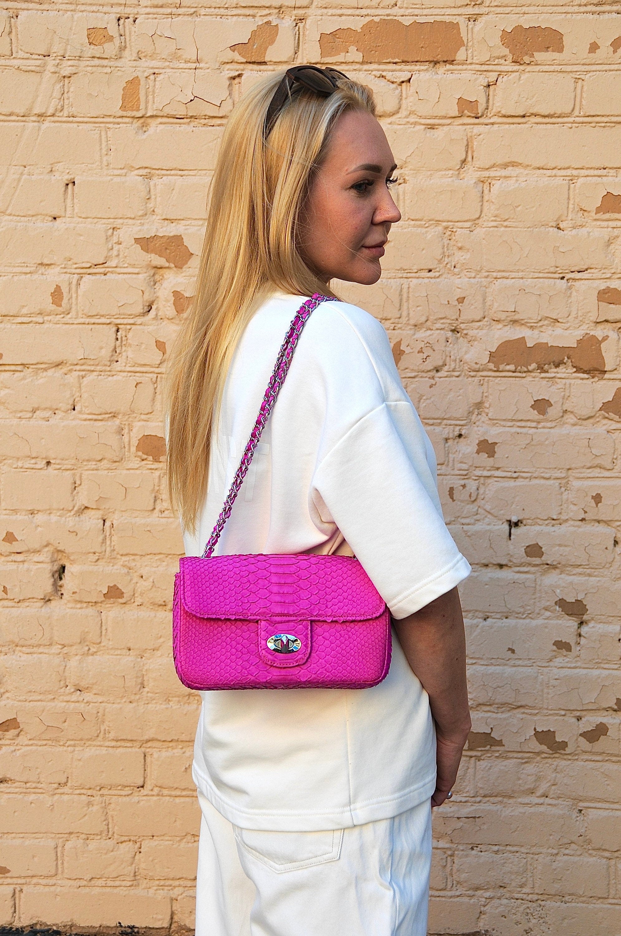 Genuine Python Skin Midi Crossbody Bag — Fuchsia