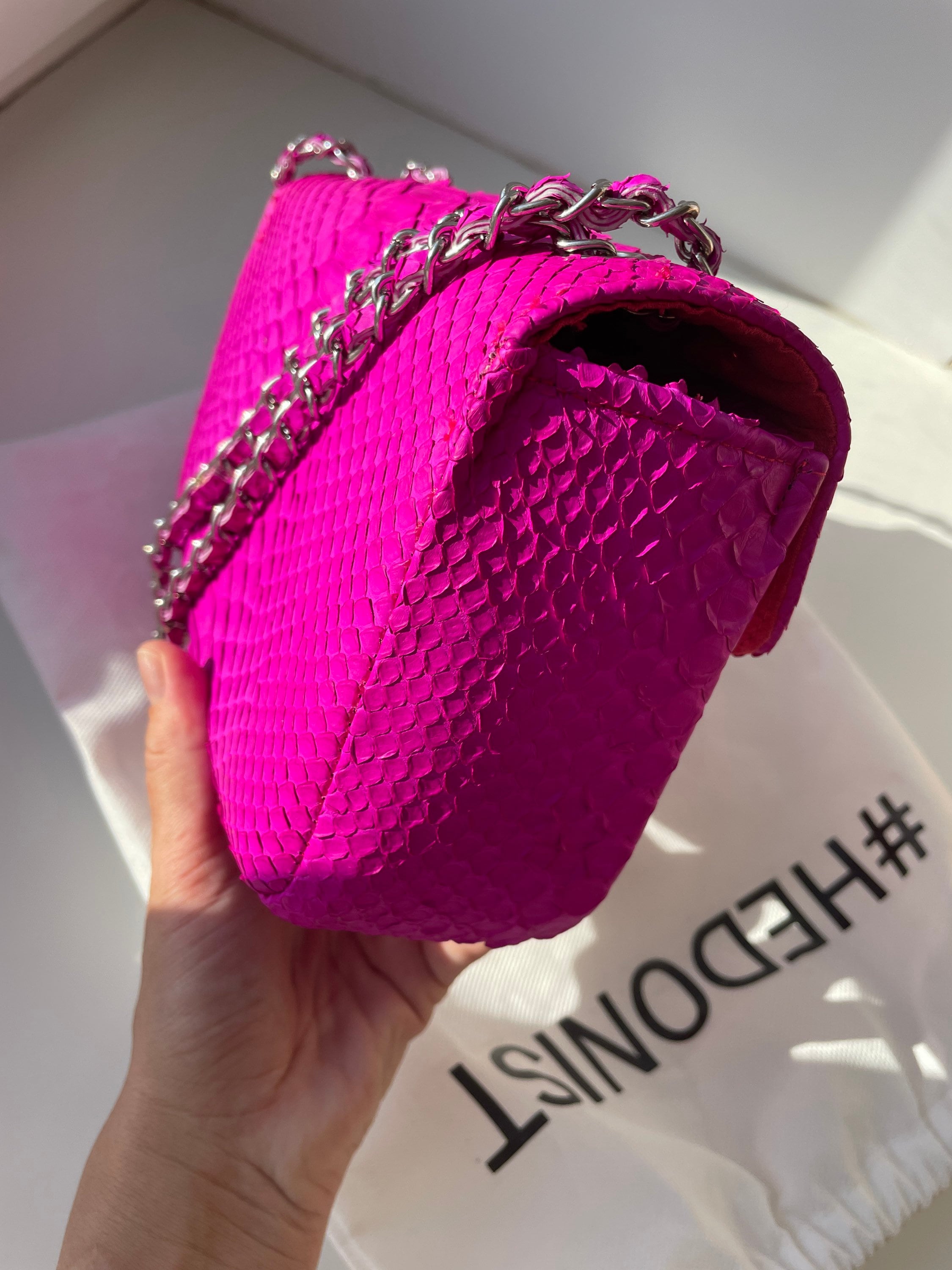 Genuine Python Skin Midi Crossbody Bag — Fuchsia
