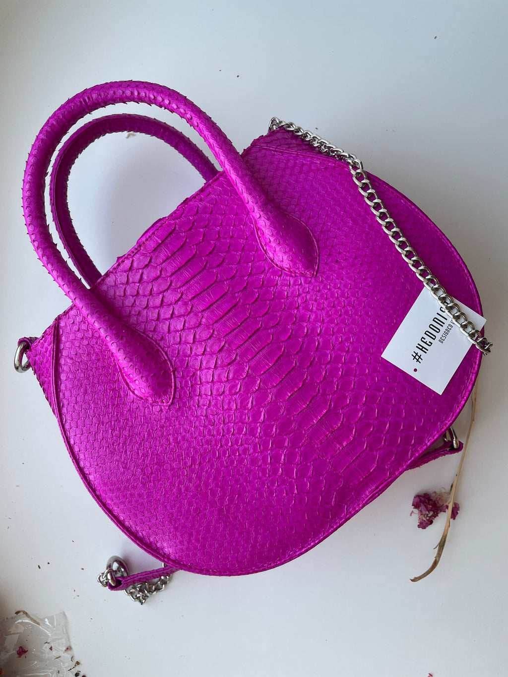 Genuine python skin top handle fuchsia bag
