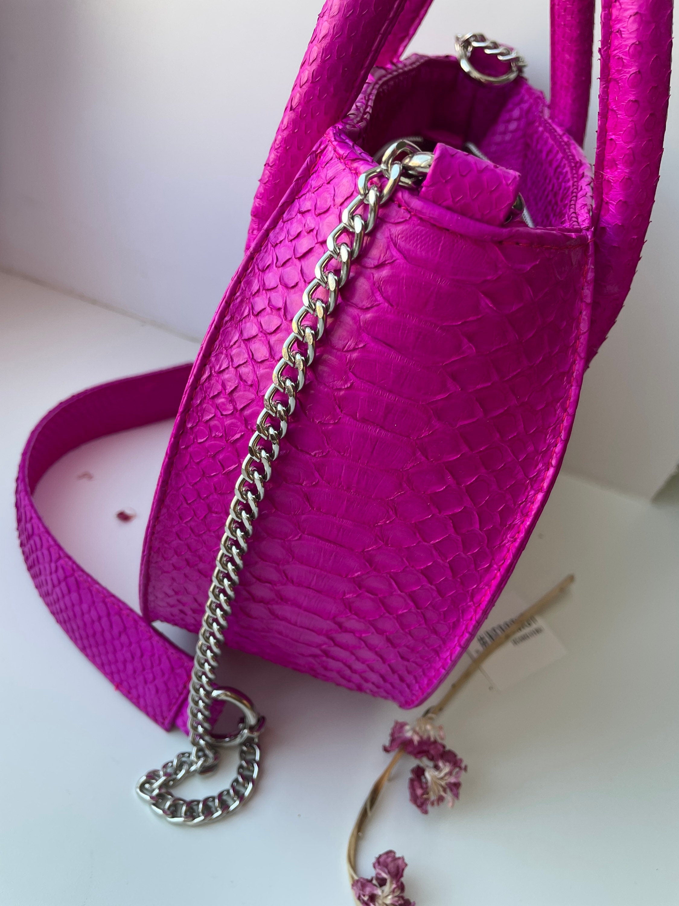 Genuine Python Skin Top Handle Bag — Fuchsia