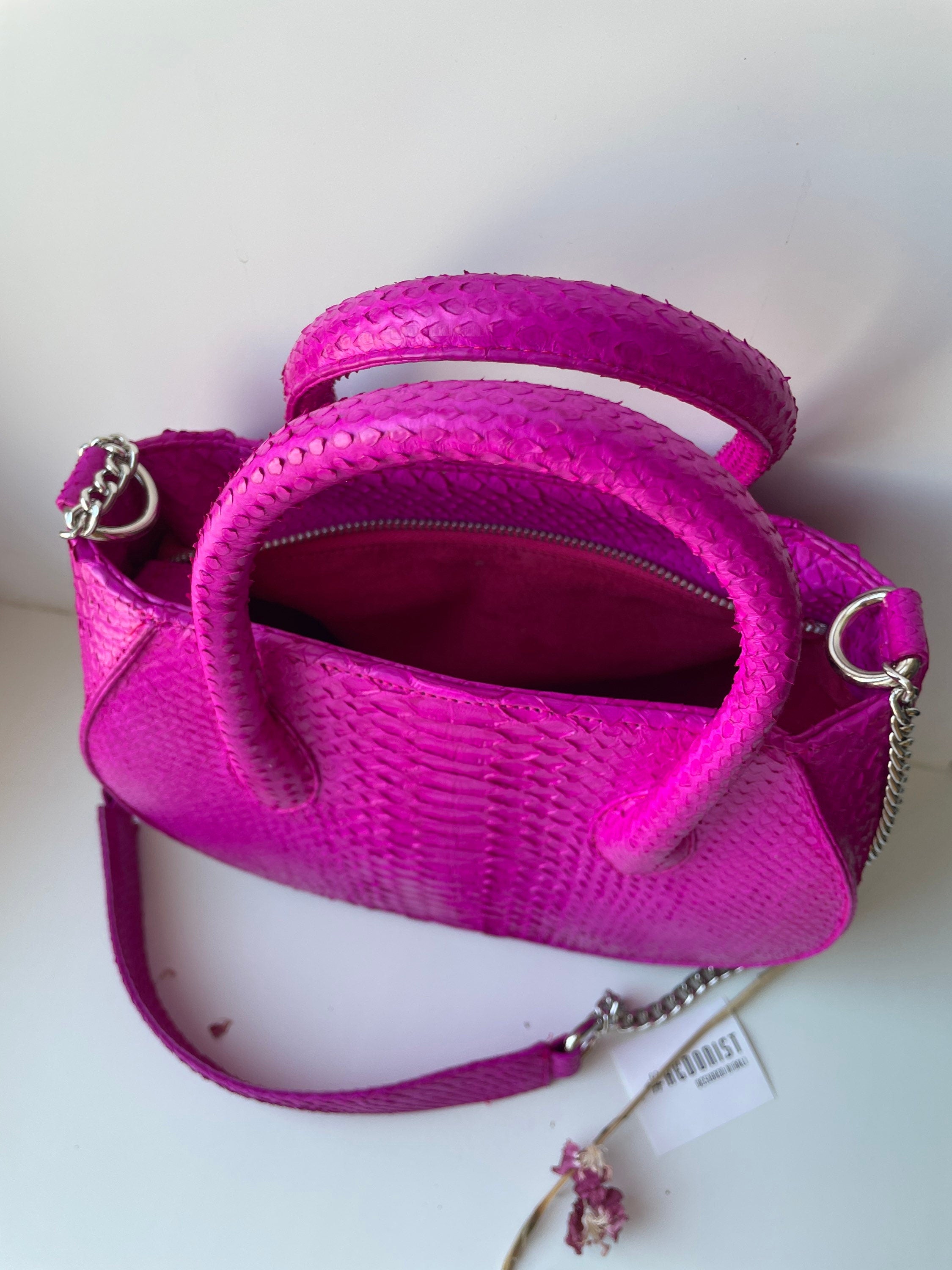 Genuine Python Skin Top Handle Bag — Fuchsia