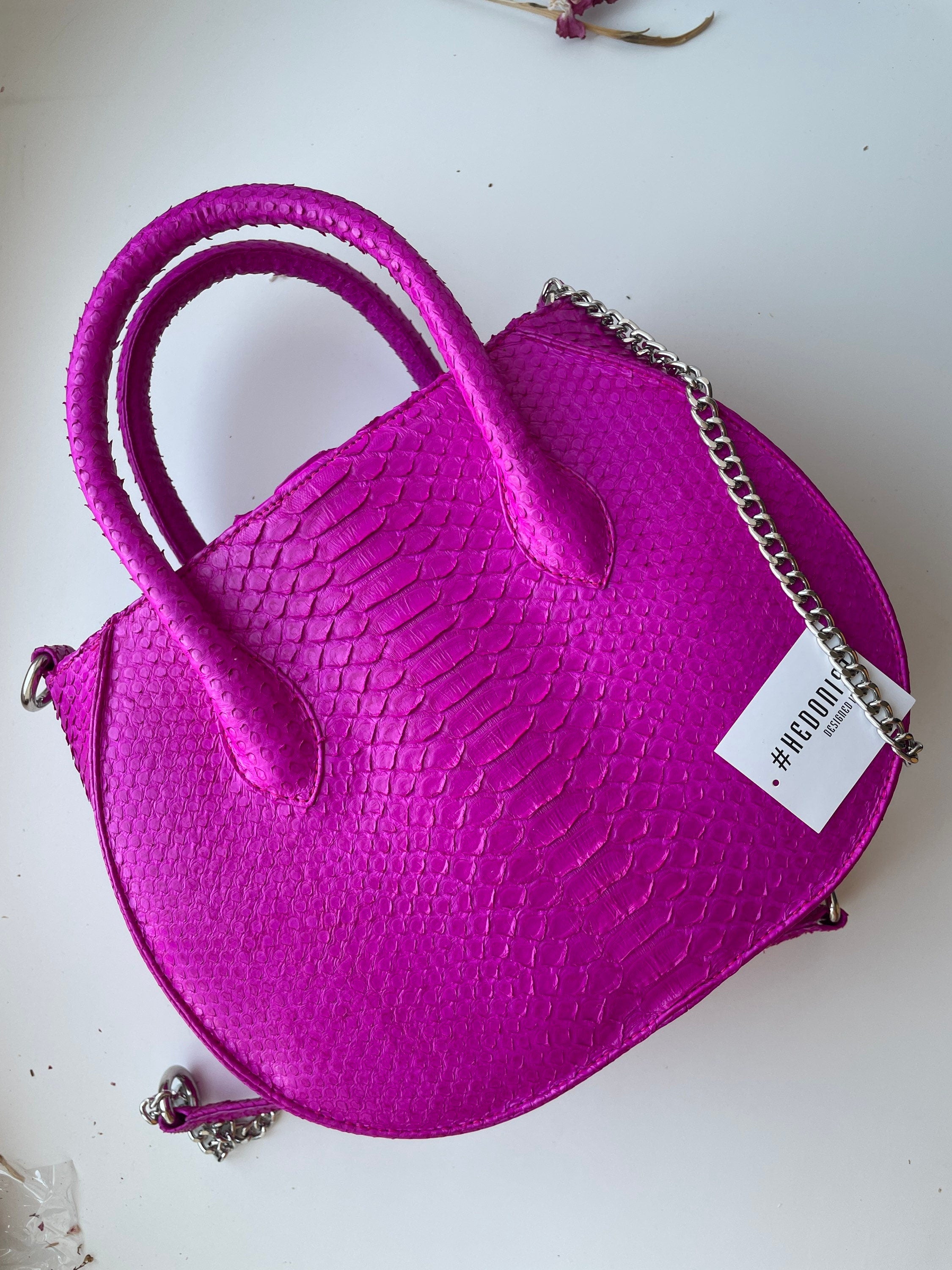 Genuine Python Skin Top Handle Bag — Fuchsia