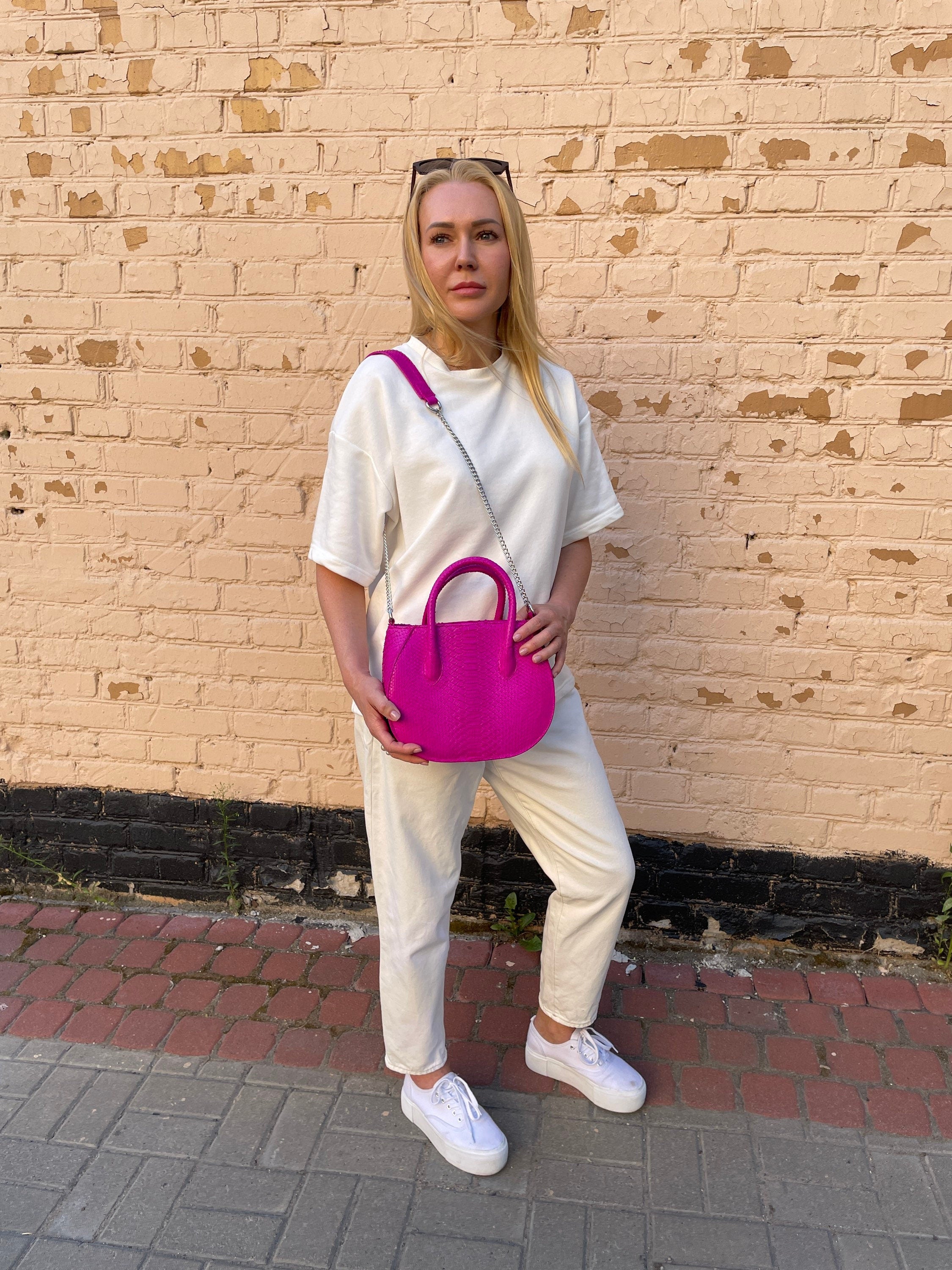 READY TO SHIP Genuine python skin top handle fuchsia bag | handmade designer bags | exotic leather bags | summer classy elegant leatherbag |