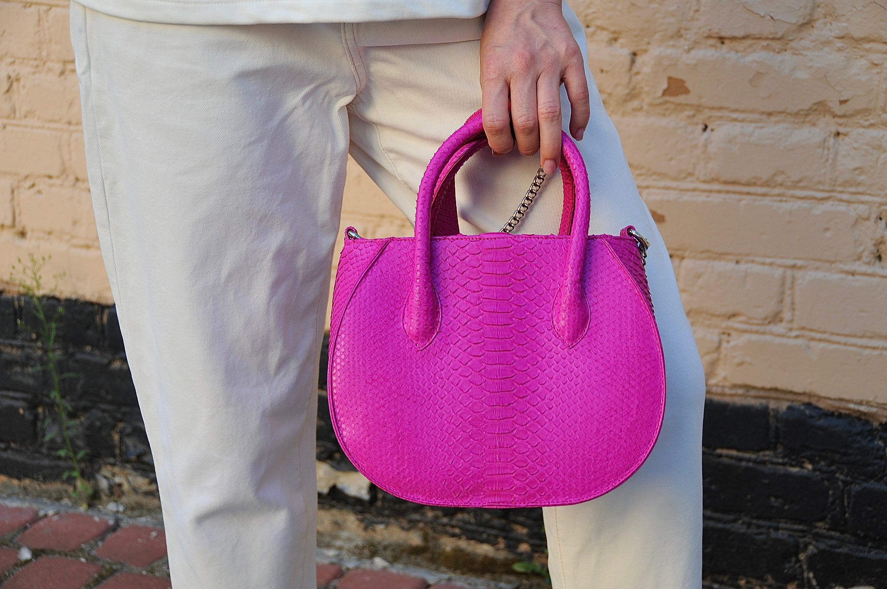 READY TO SHIP Genuine python skin top handle fuchsia bag
