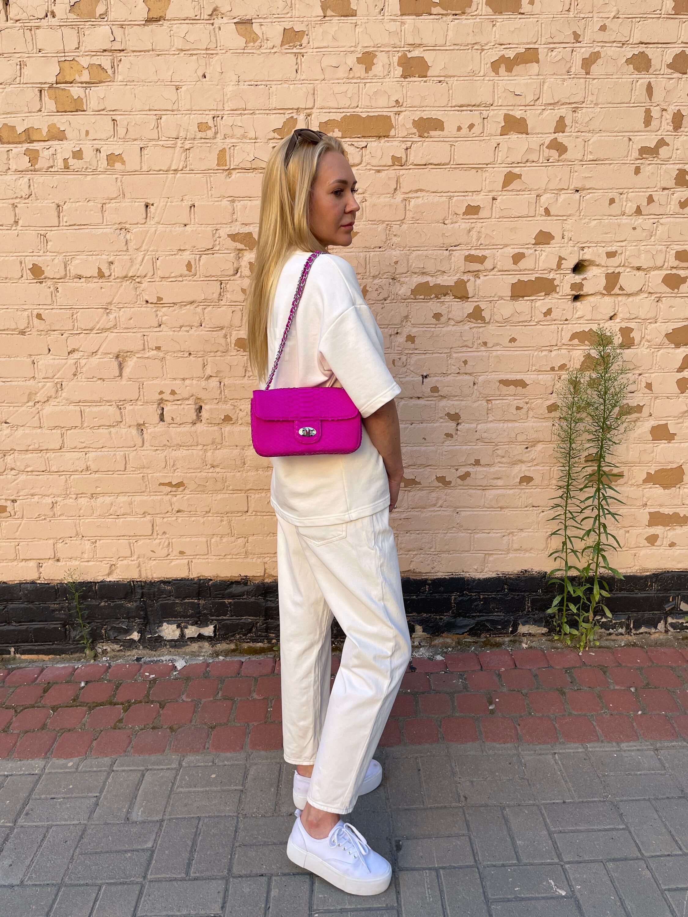 Genuine Python Skin Midi Crossbody Bag — Fuchsia