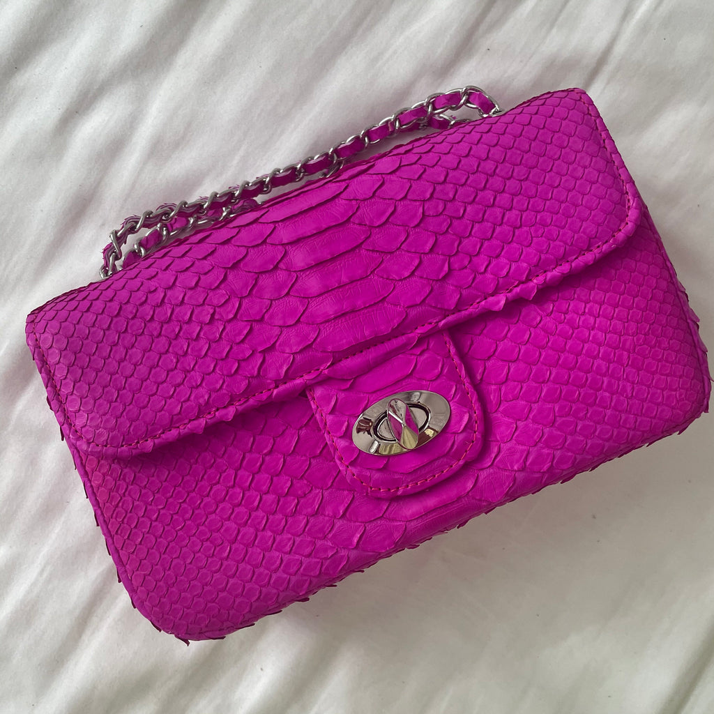 Genuine Python Skin Midi Crossbody Bag — Fuchsia