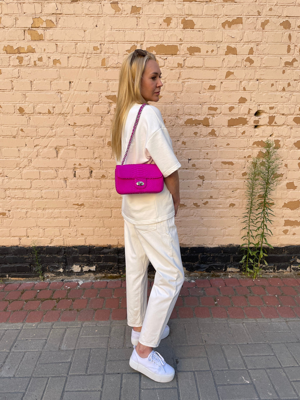 Genuine Python Skin Midi Crossbody Bag — Fuchsia