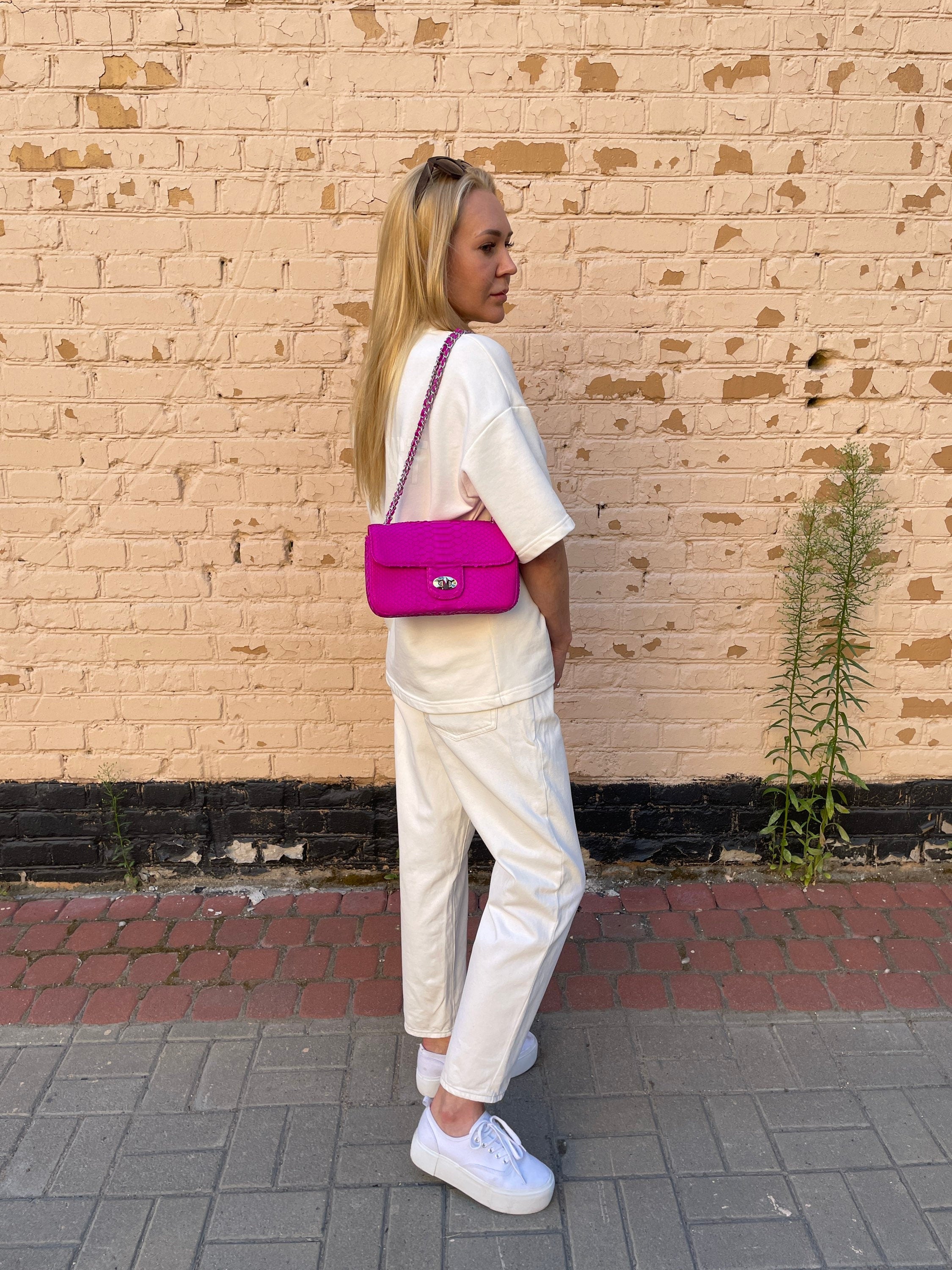 Genuine Python Skin Midi Crossbody Bag — Fuchsia