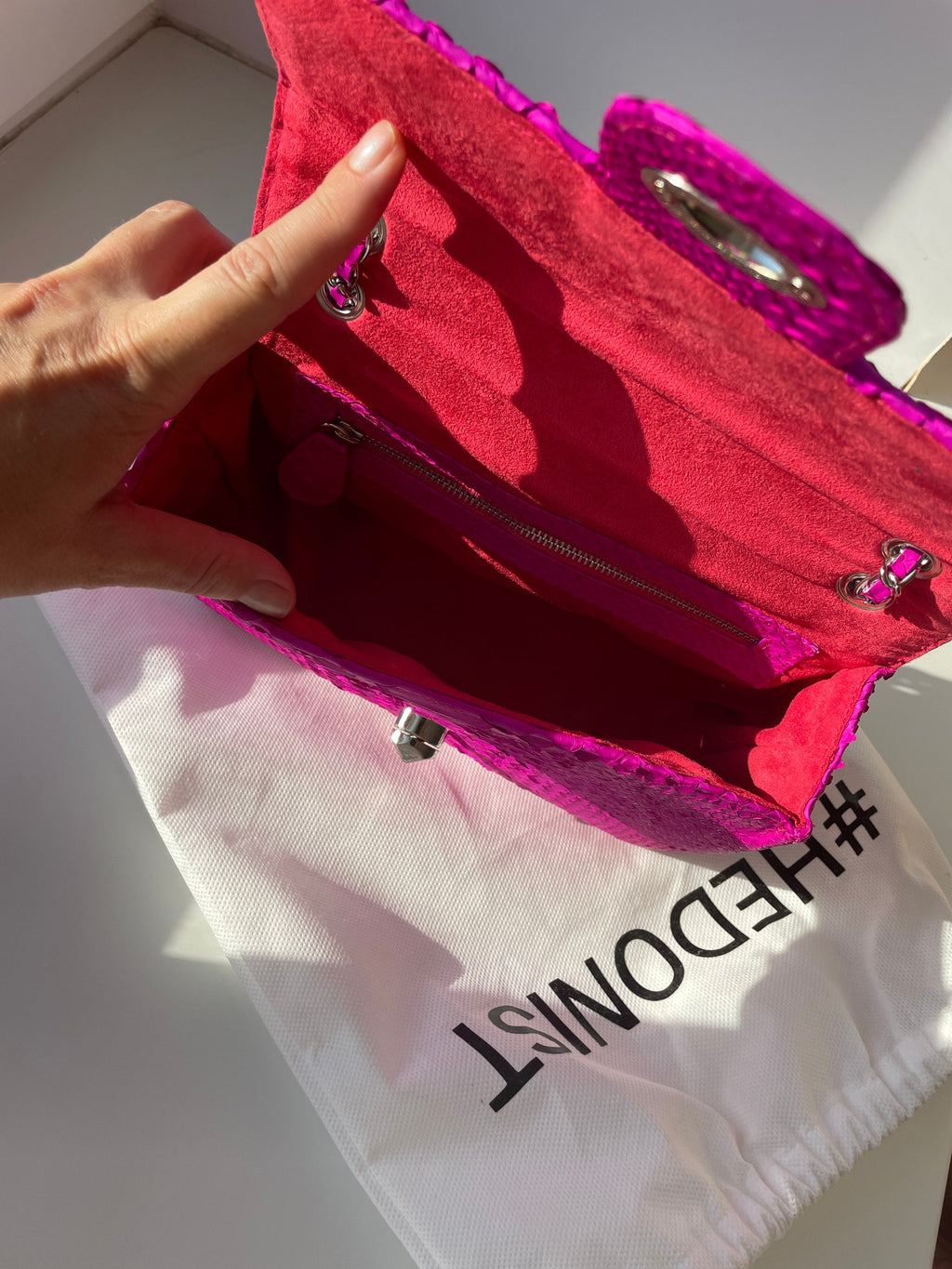 Genuine Python Skin Midi Crossbody Bag — Fuchsia